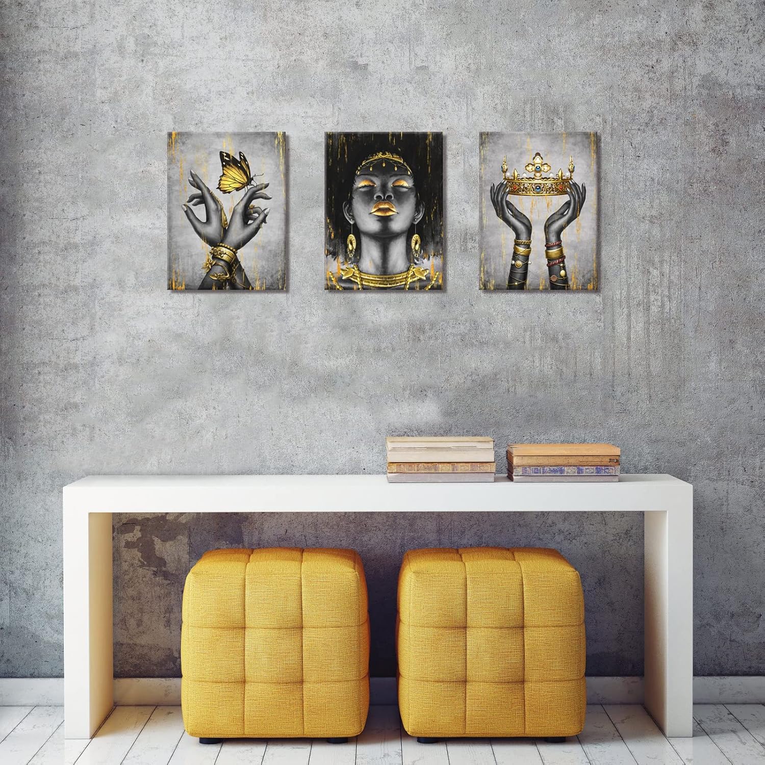 Welmeco African American Cavnas Wall Art Elegant Black Woman with Gold Necklace Crown Butterfly Painting Fashion Charming Woman Poster Picture Framed and Stretched for Girl Gift Bedroom Living Room