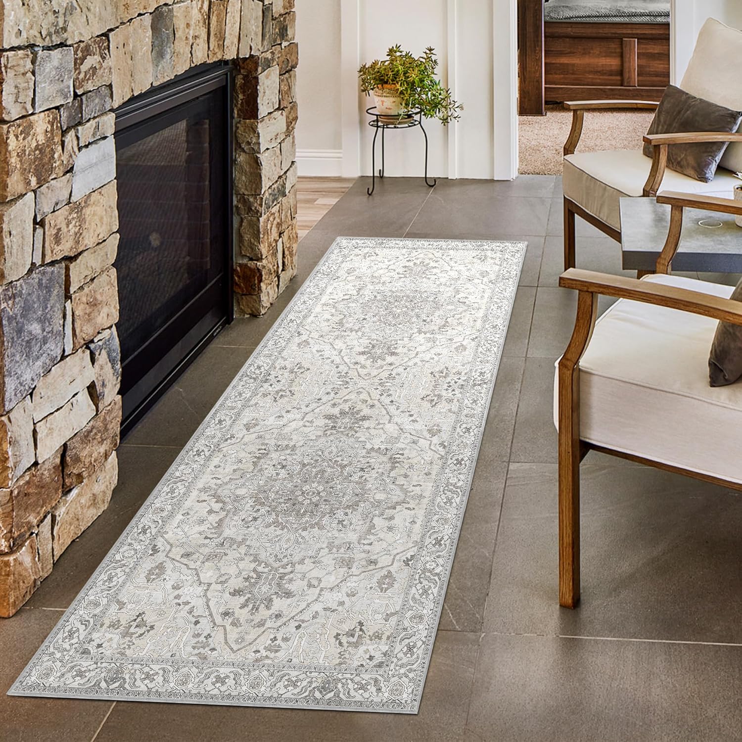 Runner Rug 3x8 Washable Rug Area Rug Vintage Rug Hallway Boho Non-Slip Entryway Rug Faux Wool Low-Pile Floor Carpet for Kitchen Bathroom Bedroom Dining Room, Beige Beige 3'x8'