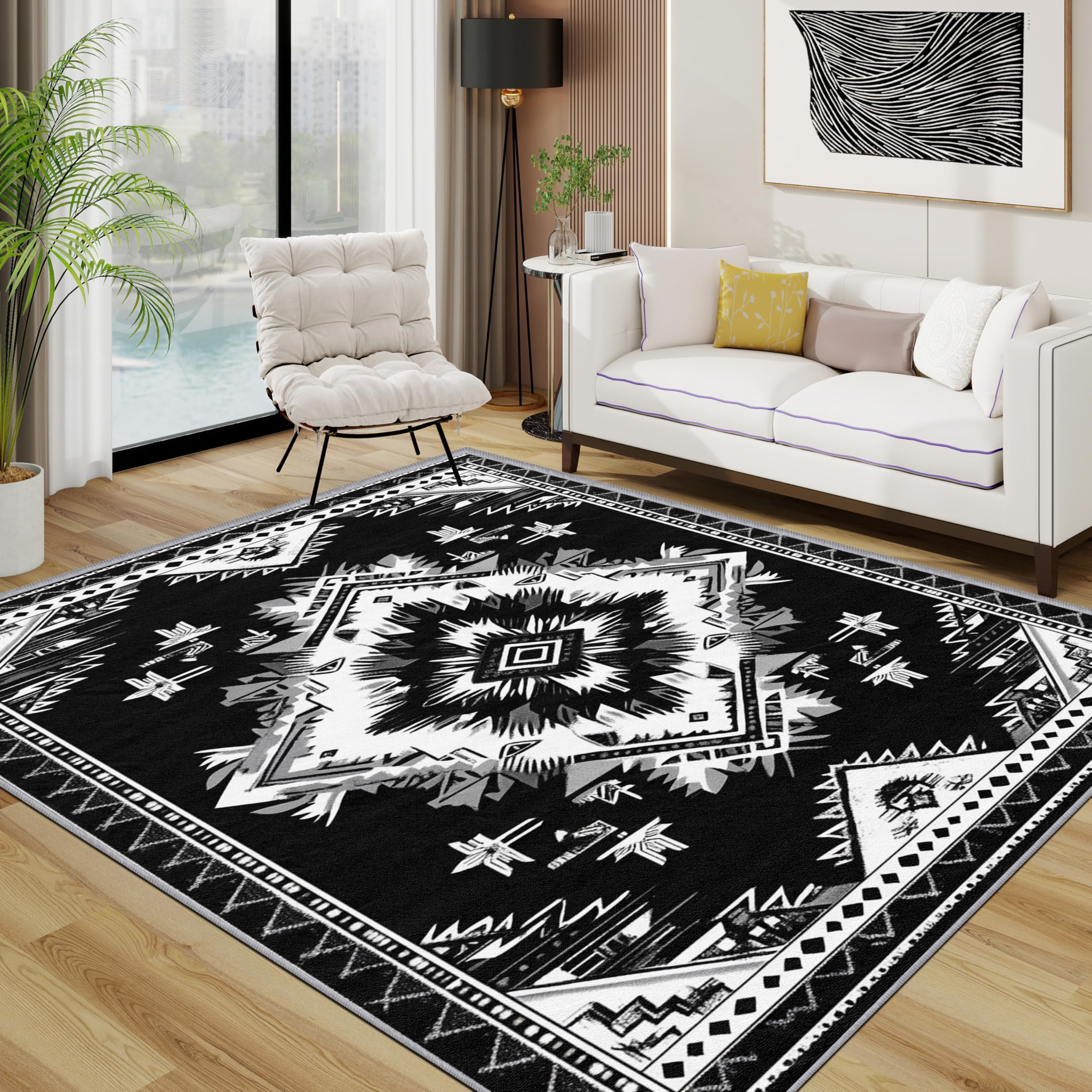 Aztec Rug - Black and White Ethnic Southwestern Small Rugs for Bedroom 40x60, Vintage Geometric Floor Mat Soft Washable Non Slip Indoor Mats, Aztec Home Decor