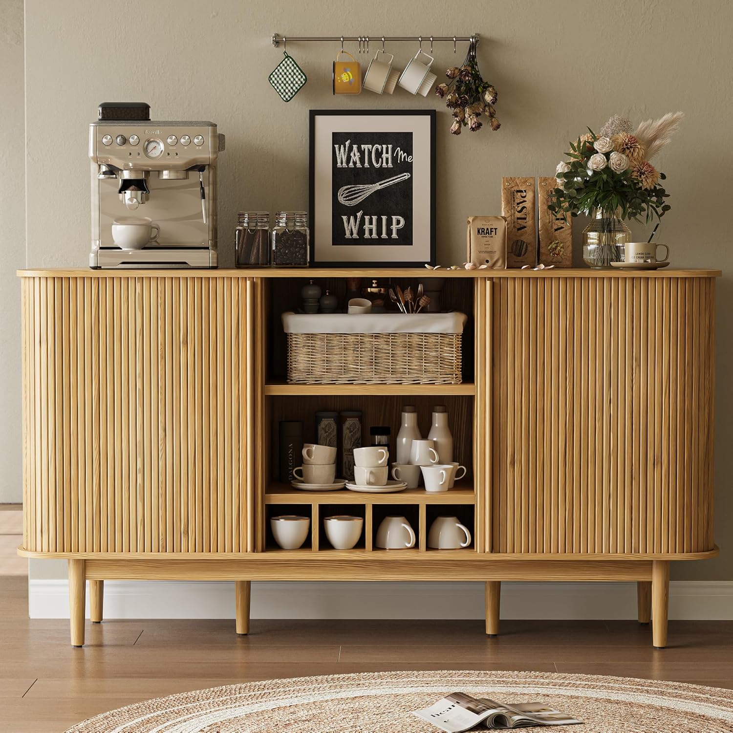 Coffee Bar with Storage, 59 inch Coffee Bar Cabinet with Fluted Slide Tambour Doors, Wine Bar Cabinet with 4 Wine Racks for Living Room, Kitchen, Entryway, Natural