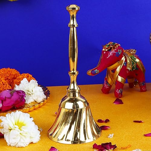 Miniatura 9 de SATVIK - Campana de latón de mano pequeña de 4 pulgadas para Puja, campanas tradicionales para mandir, ideal para Puja diario, regalo y sonido