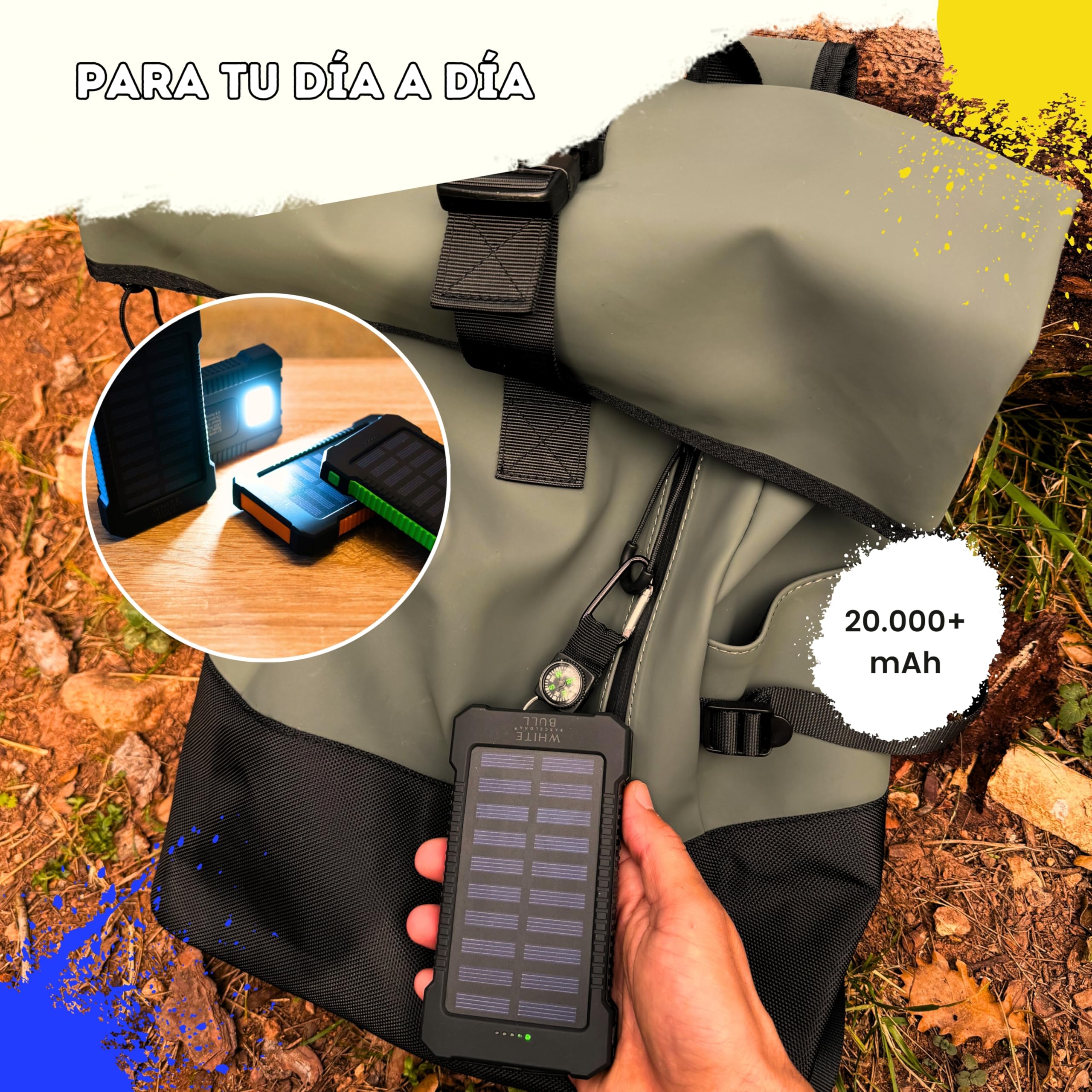 Batería Externa Carga Rápida 20000mAh con Panel Solar y Linterna LED | Power Bank IPX4 Ligera Resistente 2+1 Puertos Cable USB C Universal Mosquetón Brújula | Cargador 2025 Powerbank Portátil Móvil