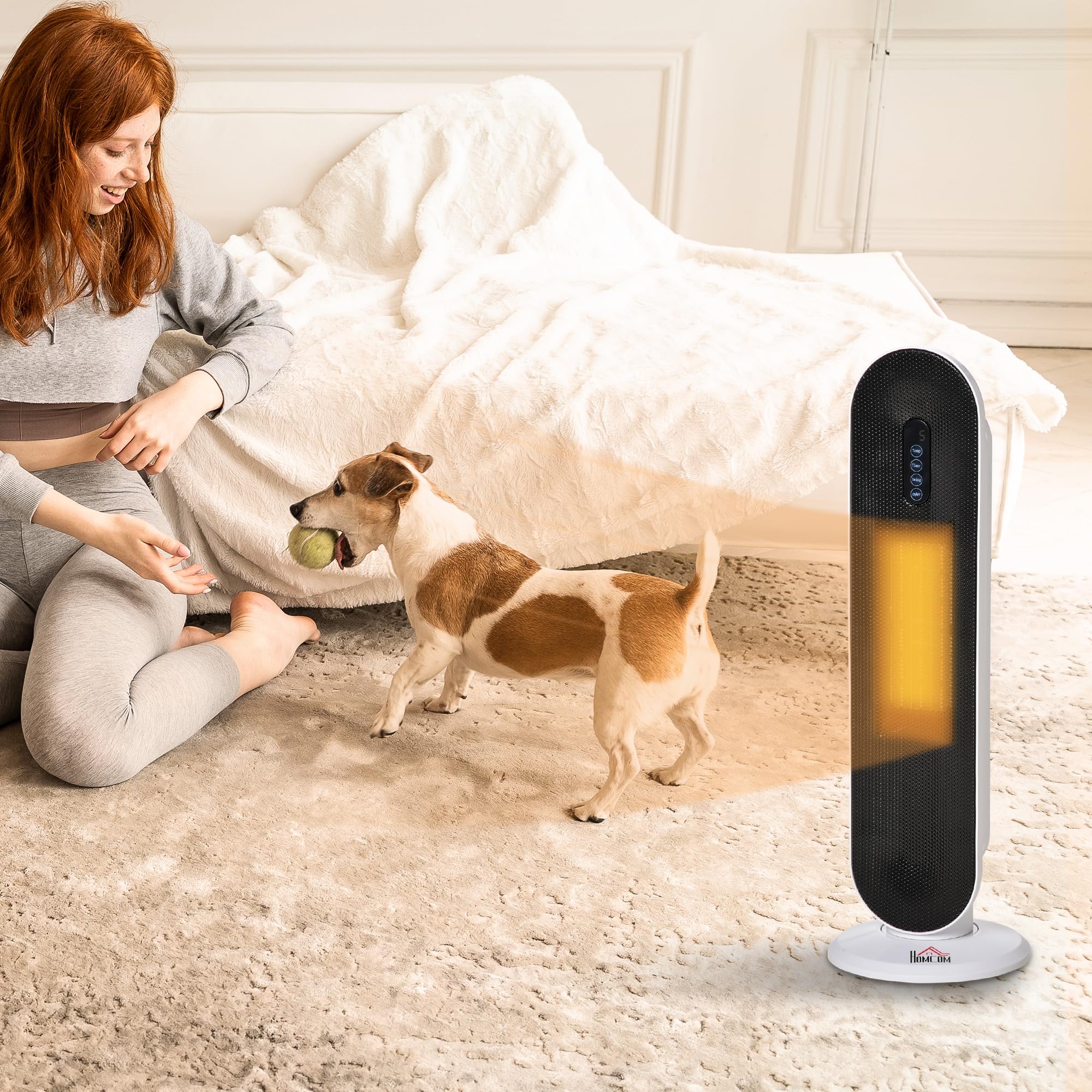 HOMCOM Stufa Elettrica Oscillante con Timer 21x21x63.5 cm Bianco e Nero | Con Telecomando, 2 Modalità, Stufetta Elettrica Basso Consumo in PTC, Protezione da Surriscaldamento e Antiribaltamento