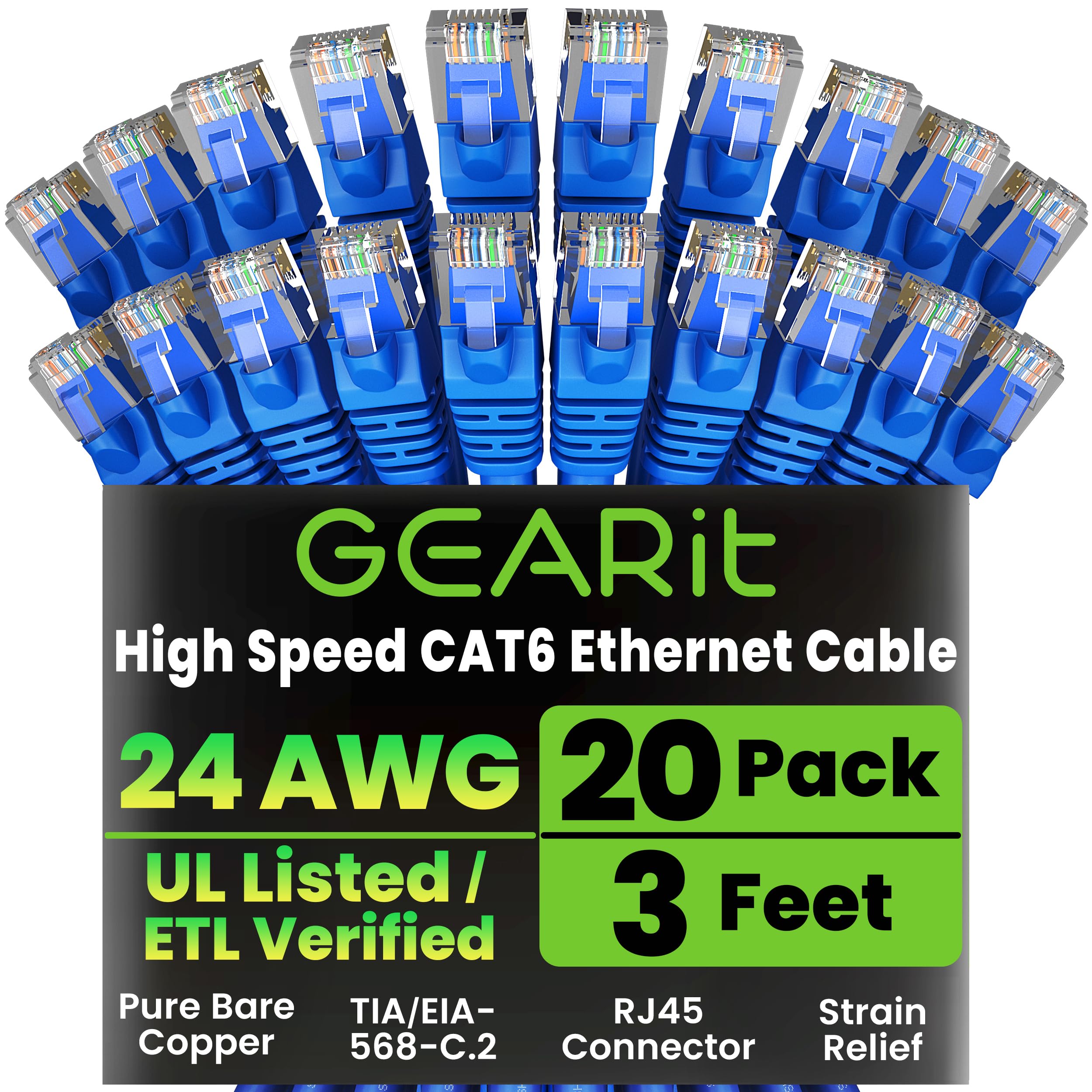 GEARit Cat 6 Ethernet Cable Pack - 20-Pack 3 ft Cat6 Ethernet Patch Cables | RJ45 Network Patch Cable, 10 Gbps Snagless Gold-Plated Connectors - Ethernet Cable Cat 6 for PC, TV, Router - Blue