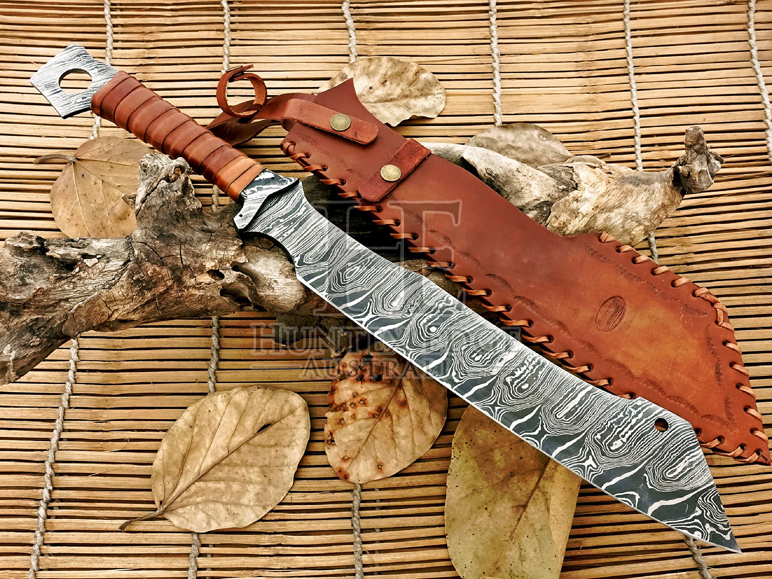 HUNTEX | Exclusive Legendary Damascus Steel Blade Zombie Machete Tactical Tool Knife | 23 Inch Long | Full-Tang Razor Sharp | Leather Grip | Genuine Leather Sheath