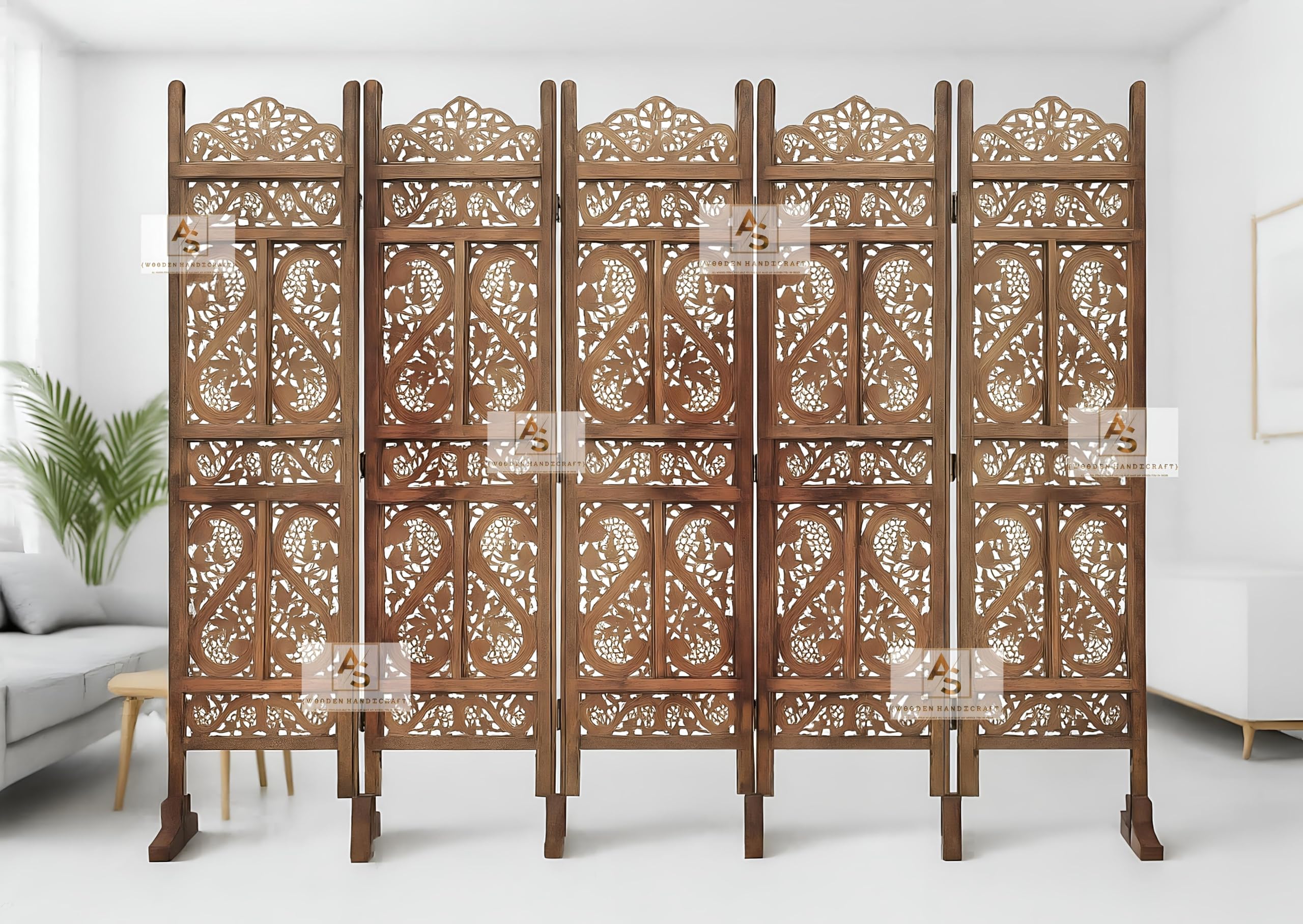 AS Wooden Handicraft Partition for Living Room,Divider,Partition Wall Divider Screen Separator, Wall Panel Divider for Hall | Bedroom |Office | Puja Room | Restaurant S Design (5- Panels with Stands)-image-24