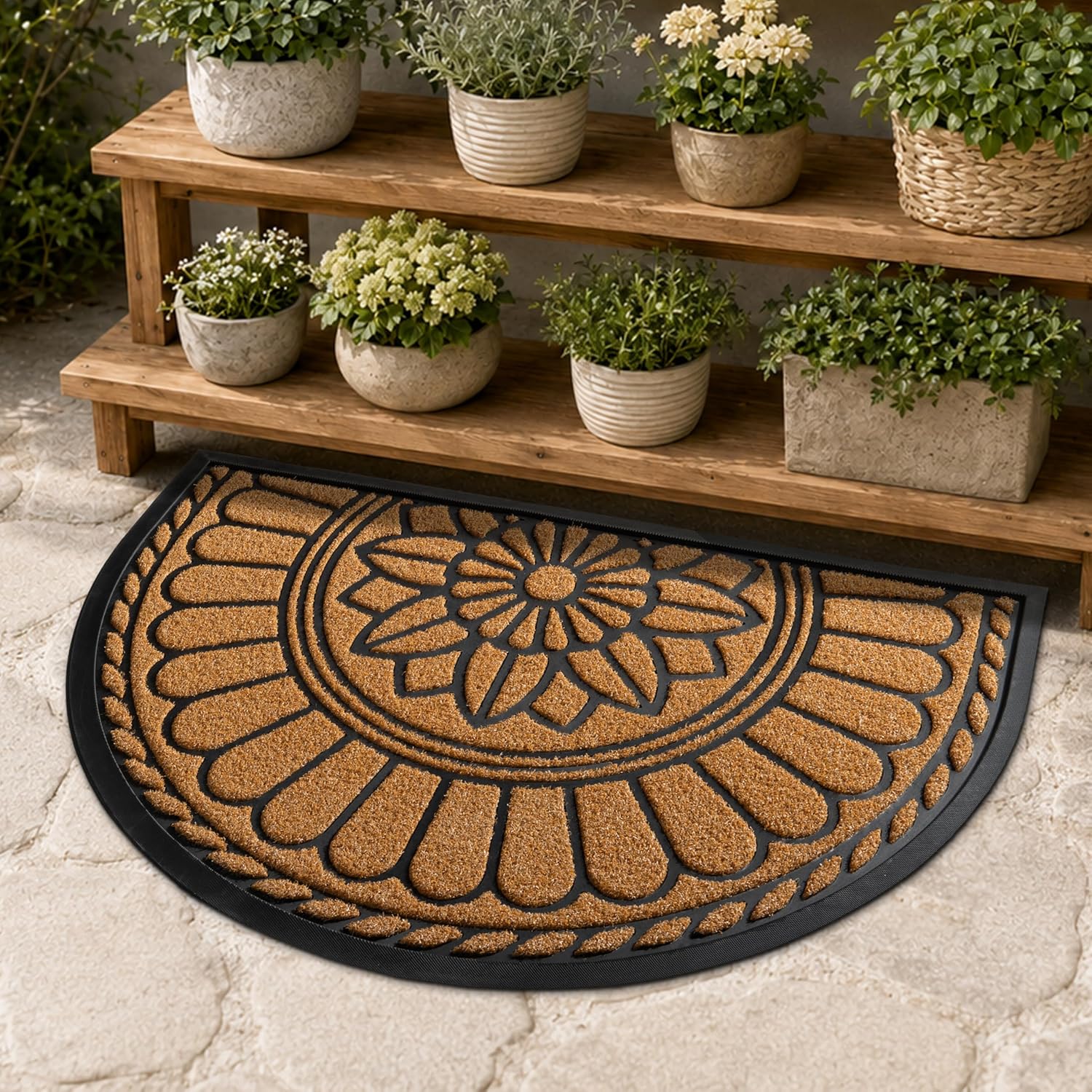 Mibao Front Door Mat Indoor Outdoor Entrance, Semicircular Entrance Mat, Half Round Waterproo Non-Slip Durable Rubber Door Mats, Low Profile Heavy Duty Doormat for Garage, Patio, 30" x 18", Yellow