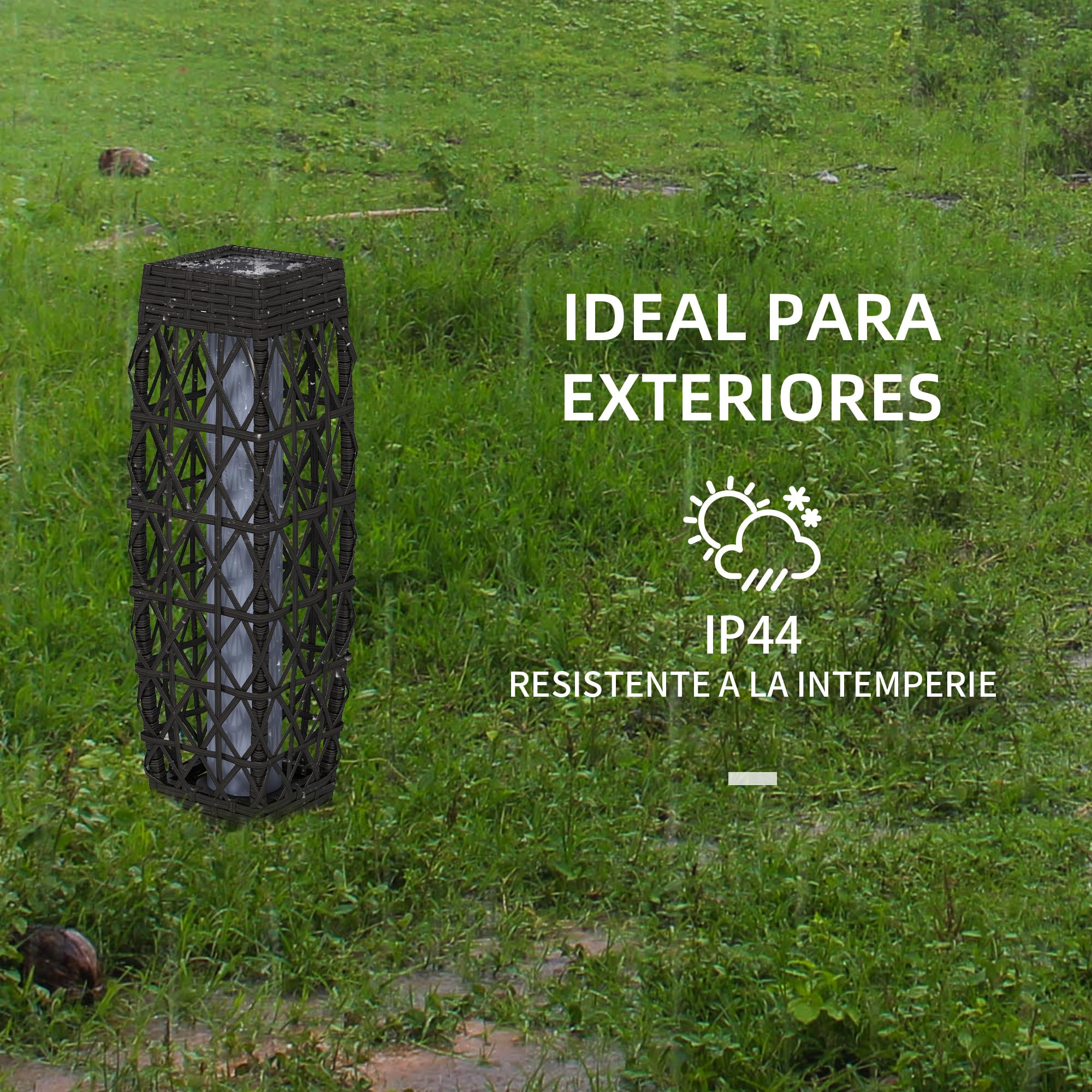 Outsunny Linterna de Jardín de Ratán Sintético Farola Solar con Luces LED Encendido y Apagado Automático para Terraza Balcón Patio 20x20x68 cm Gris