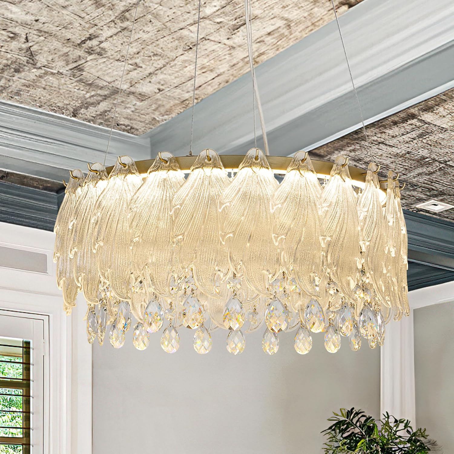 Wellmet Modern Crystal Chandelier, Gold Crystal Pendant Light, LED Lighting Fixture, for Living Room, Dining Room, Bedroom, Entryway, Hallway, Kitchen