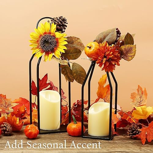 Miniatura 5 de Perfnique Moderno farol decorativo de granja, juego de 2 faroles de metal negro de 15 pulgadas y 13 pulgadas, 2 velas LED de temporizador de 6 horas