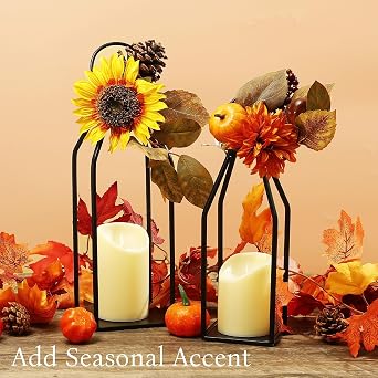 Perfnique Modern Farmhouse Lantern Decor, 15'' 13'' Set of 2 Black Metal Lanterns, 2 LED 6hr Timer Flickering Flameless Candles, Lanterns Decorative for Outdoor Decor, Home, Indoor, Patio (Black) [Energy Class A]