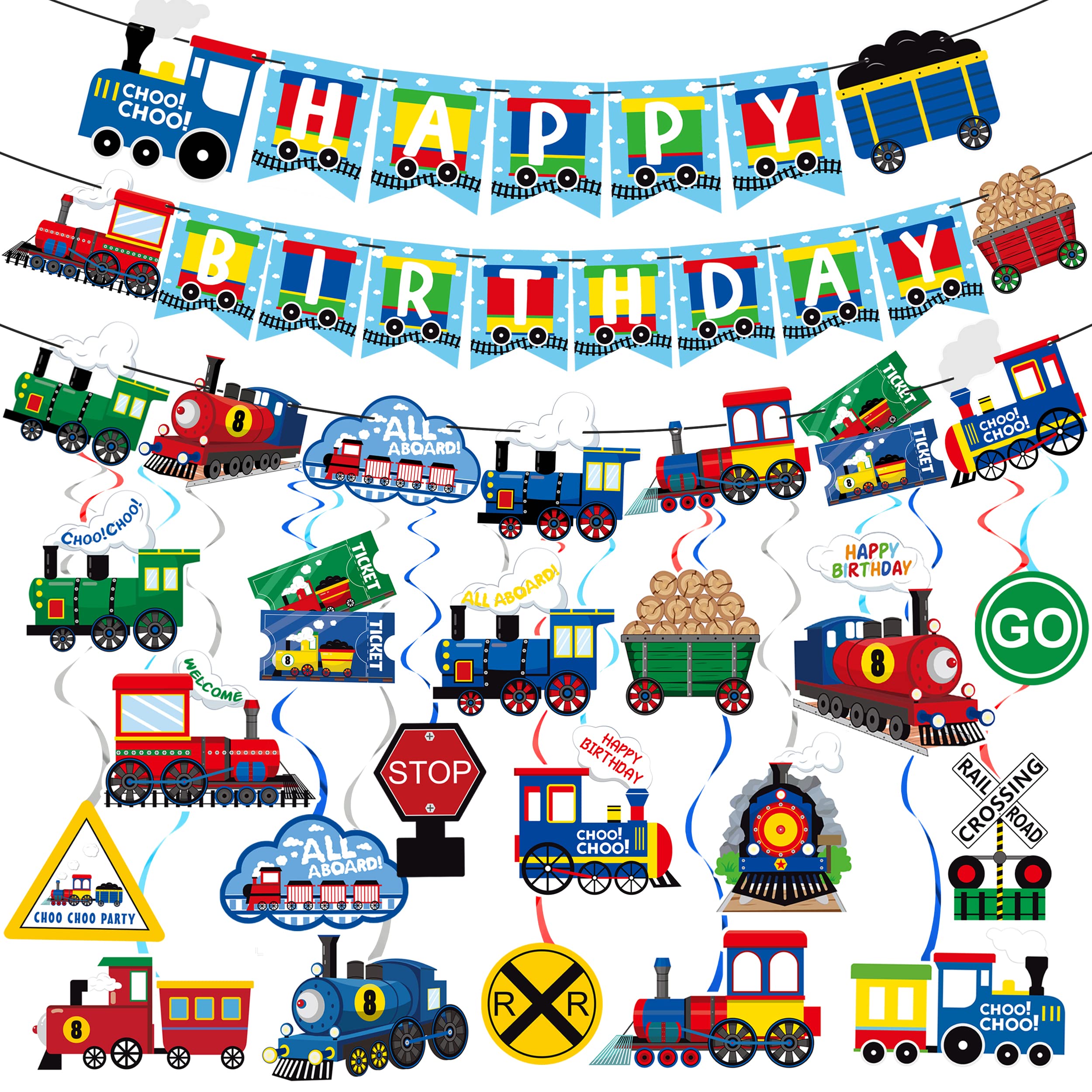 Train Party Decorations Train Birthday Party Banner Railroad Train Hanging Swirls Railway Train Decorations for Train Crossing Theme Baby Shower Party Supplies