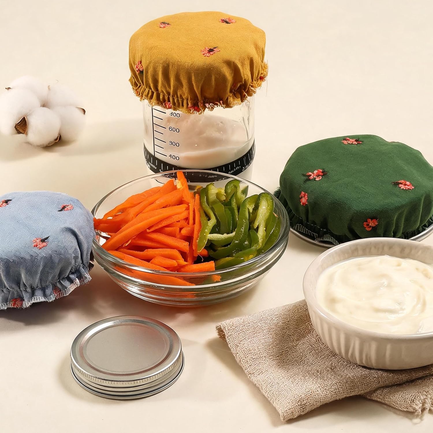 6Pcs Sourdough Starter Jar Cover 4 IN,Reusable Sourdough Cloth Cover,Embroidered Linen Cotton Cloth with TPU Liner,Bread Fermentation Container,Bread Baking Supplies,Suitable for 3-4 In Mason Jars