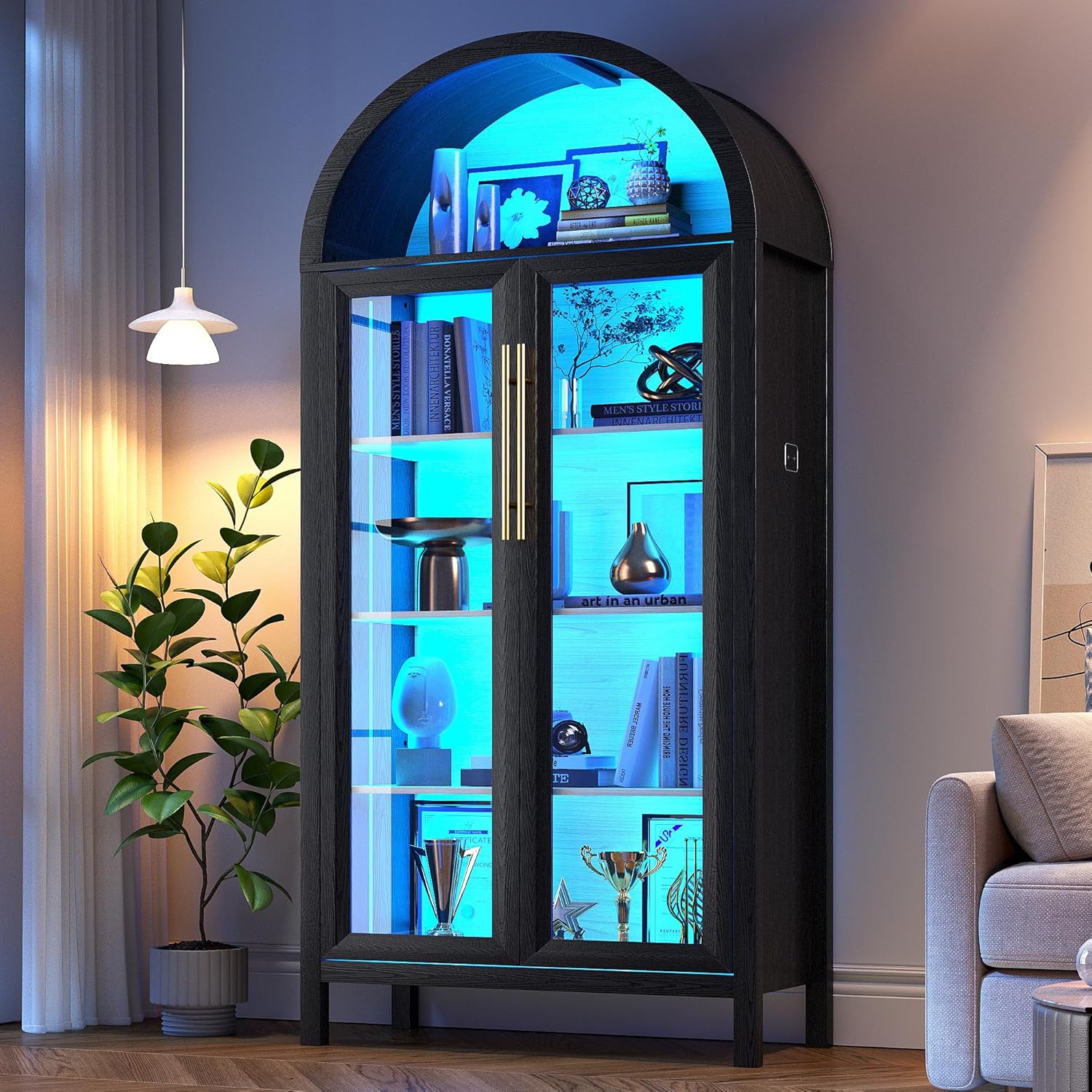 Dystler Display Cabinet with Glass Doors, 5-Tier Tall Curio Cabinet with LED Lights Display Case for Collectibles, Black