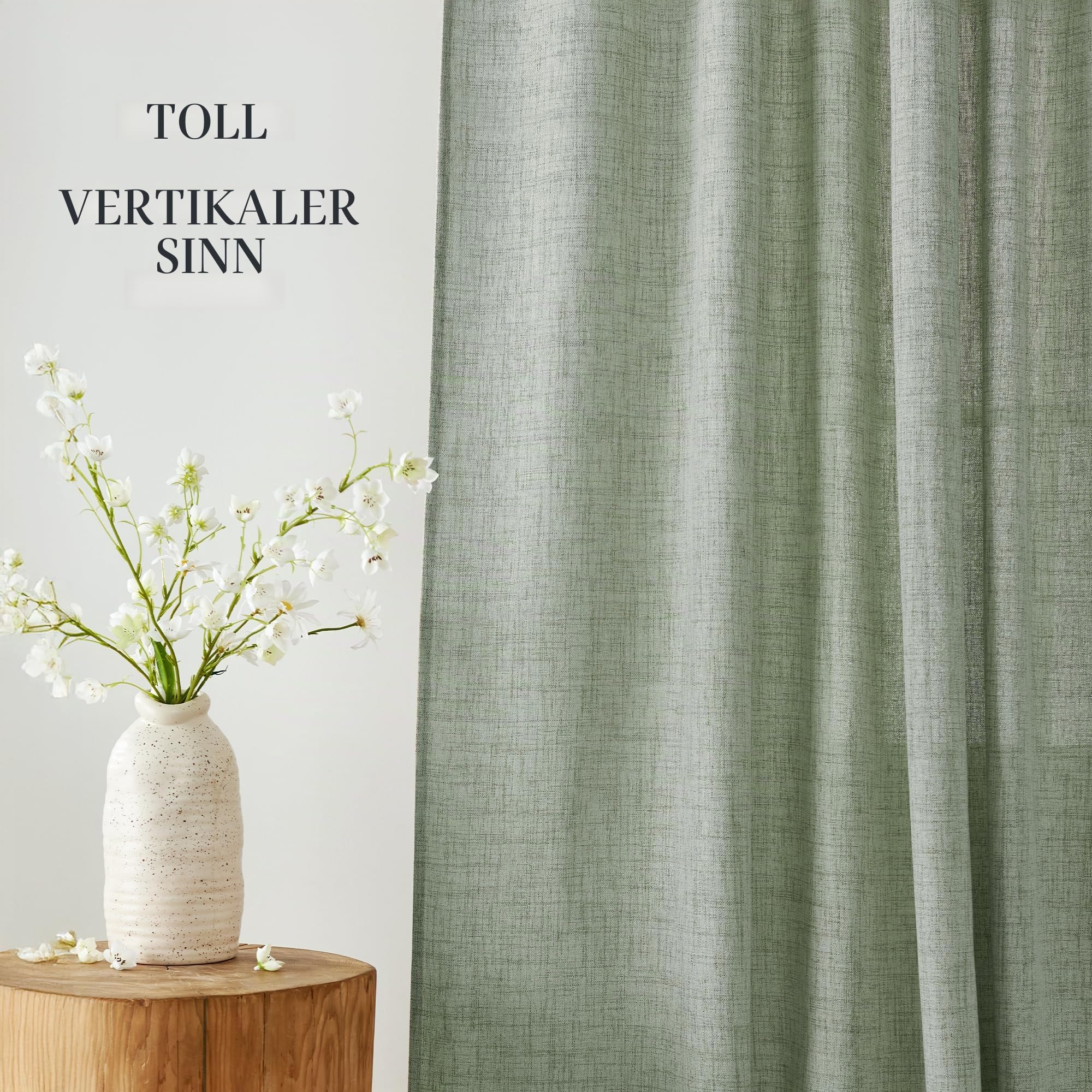 PONY DANCE Leinenoptik Gardinen Salbeigrün Vorhänge Halbtransparent | Ösenschal 2er Set H260 x B140 cm, Landhausstil, Lichtdurchlässig, für Wohnzimmer, Dekoration, Modern, Sichtschutz