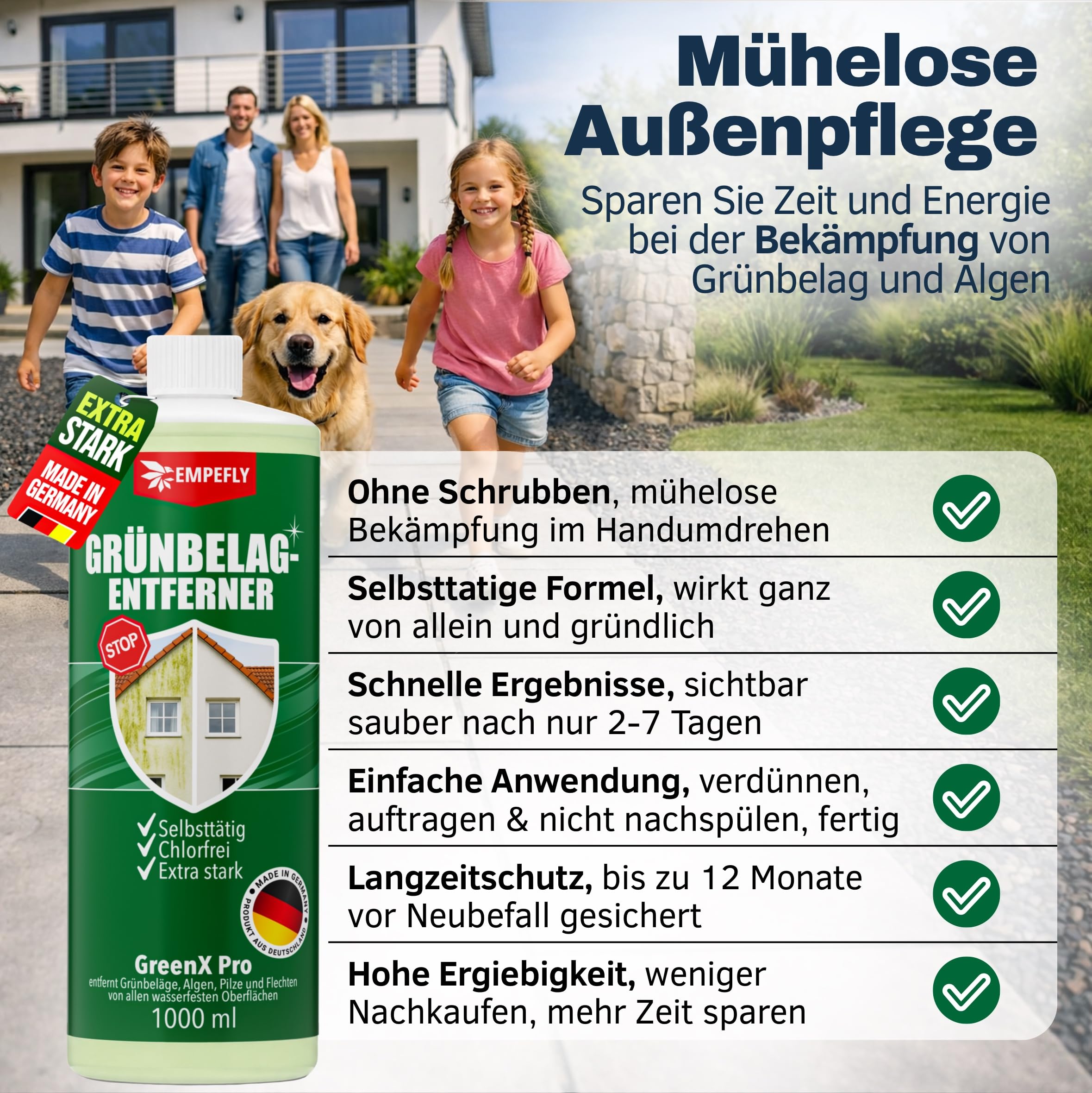GreenX Pro Grünbelagentferner Konzentrat 2er Pack (2 × 1 L), selbsttätig gegen Grünbelag, Algen & Pilze ohne Schrubben – für Terrasse, Fassade, Dachziegel und Stein – chlor & säurefrei