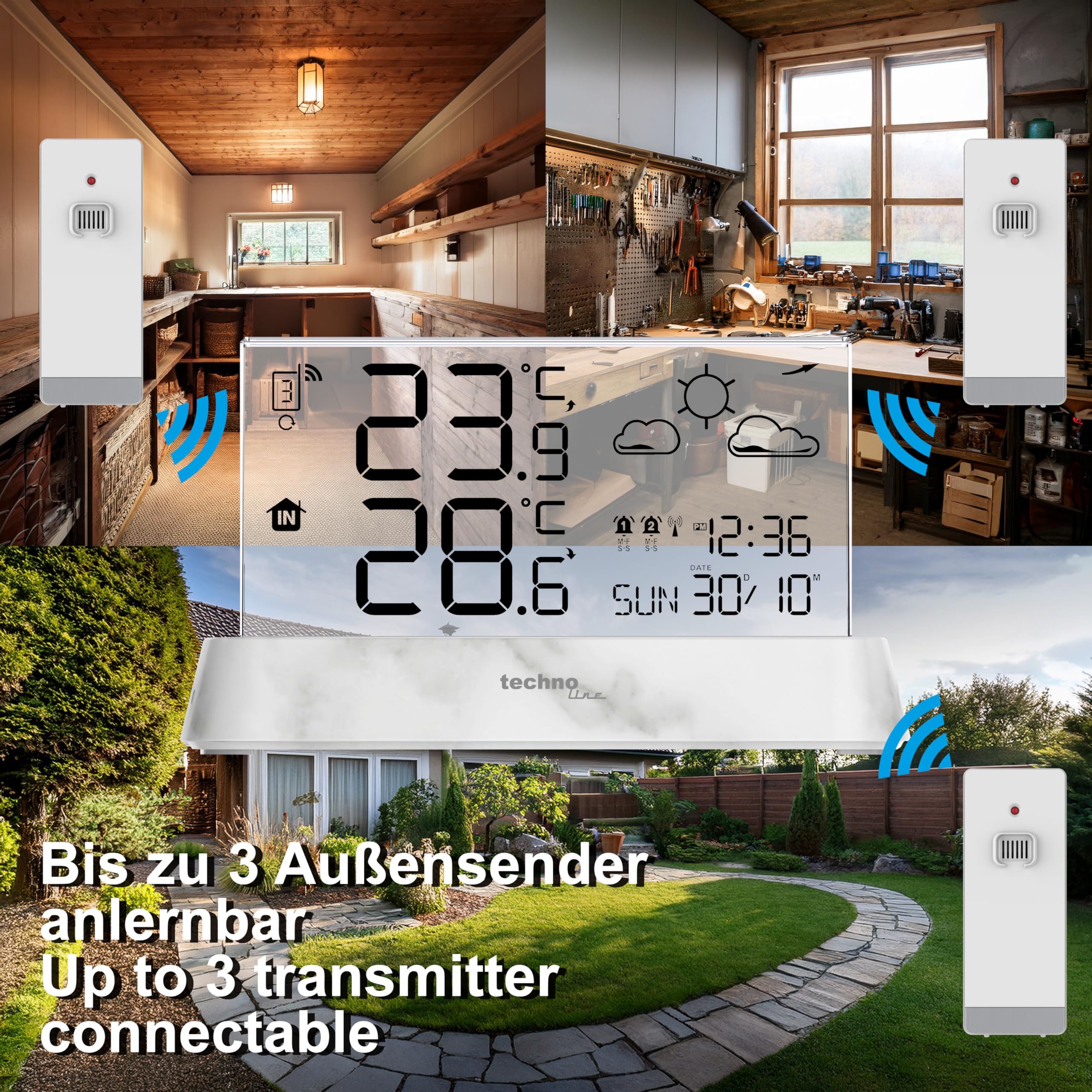 Technoline WS6782 – La station météo sans fil élégante avec écran transparent, température intérieure et température extérieure, et prévision météo précise