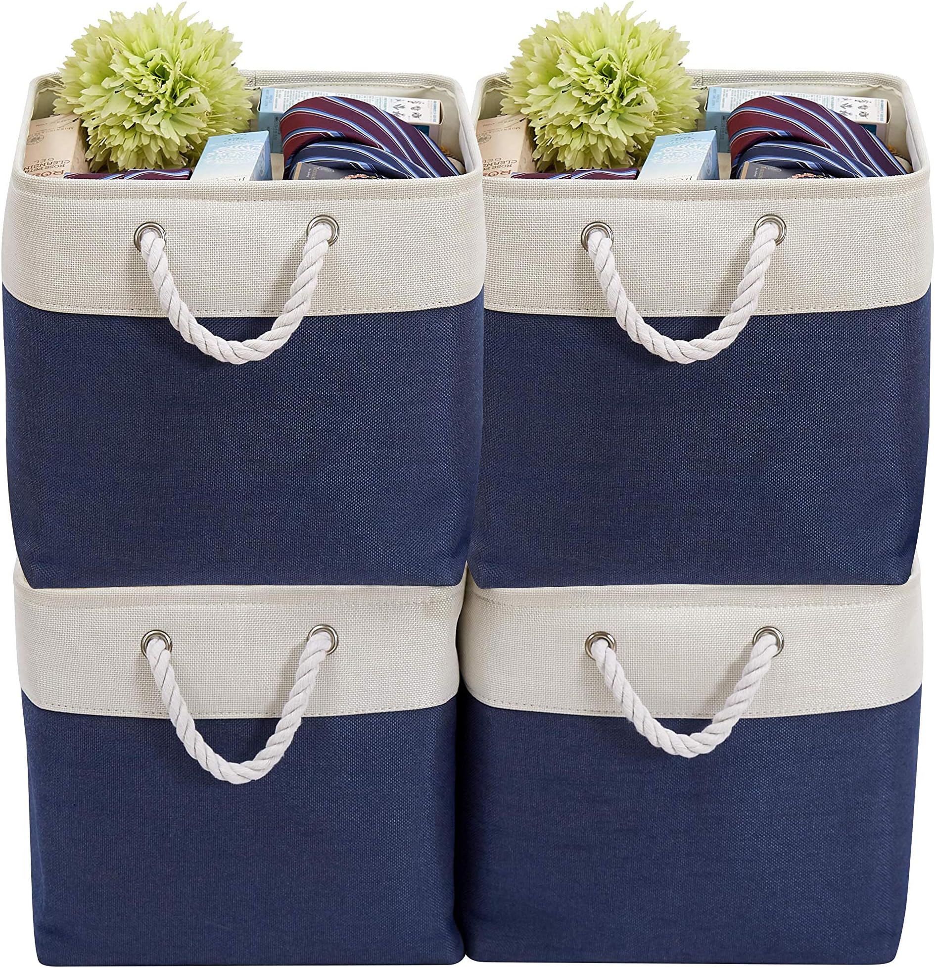 DECOMOMO Cube Storage Organizer Bins | Box Storage Cube Basket with Handles Fabric Cloth Bins for Organizing Shelf Nursery Home Closet (Navy Blue & White, 13 x 13 x 13 inch - 4 Pack)