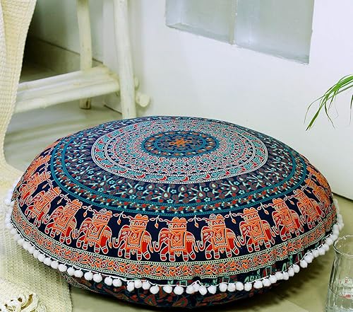 Popular Handicrafts Funda de cojín de suelo  Funda de cojín de mandala de elefante hippie grande de algodón  Funda de puf redonda bohemia decoración
