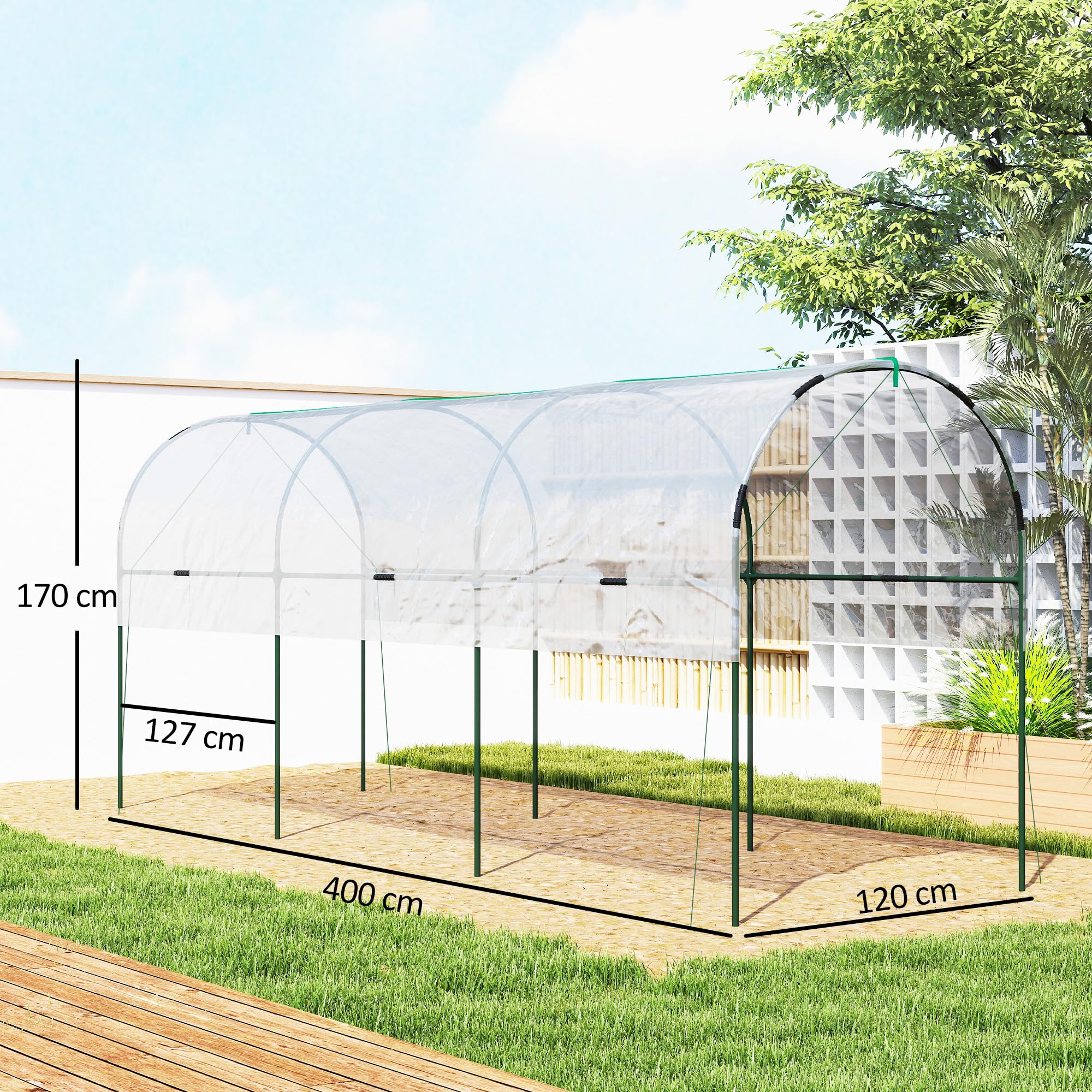 Outsunny Serre de Jardin, Serre à tomates, bâche renforcée, châssis en Acier, pour légumes Plantes Fleurs, pour extérieur, 400 x 120 x 170 cm, Transparent