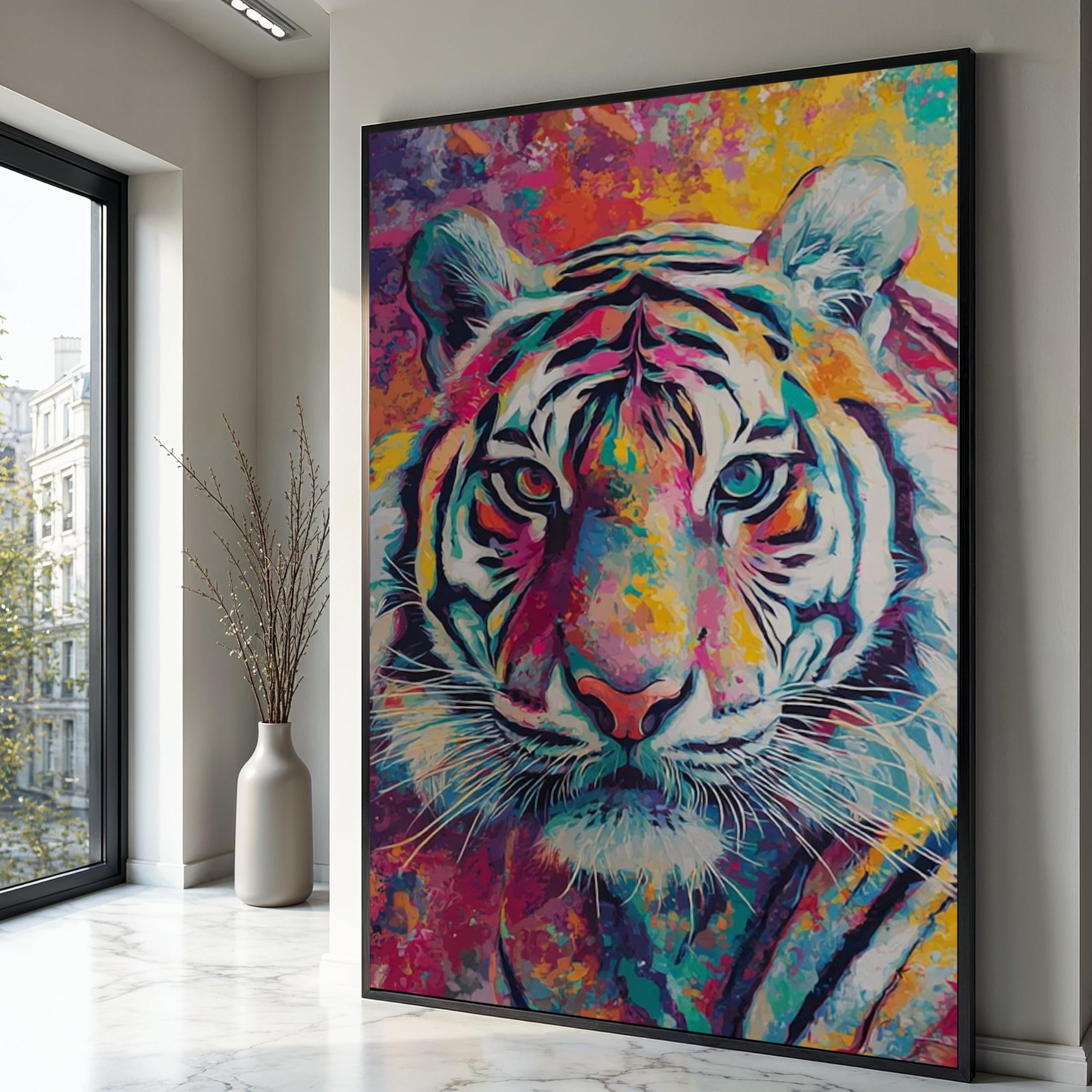 LMYCHENG Abstract Tiger Portrait Canvas Oil Painting, Colorful Animal Wall Art, Wildlife Canvas Print, Modern Jungle Home Decor(20x30cm/Internal Frame)