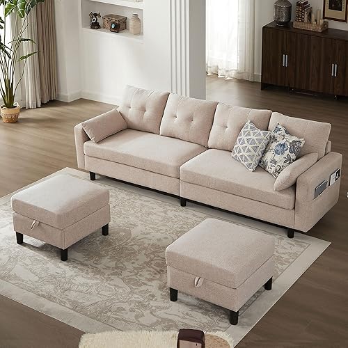Miniatura 8 de Sofá Seccional Convertible de 101", Sofá en Forma de U, Sofá de 4 Plazas con Otomana de Almacenamiento, Cómodos Sofás Seccionales de Tela de Lino