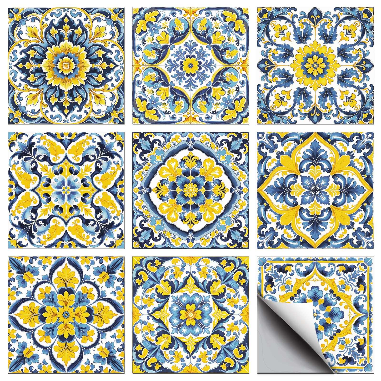 CONCHLERY 36 Pcs 9 Style Spanish Style Peel and Stick Wall Tile Sticker Vintage Floral Prints Wall Stickers Waterproof Self Adhesive Stick on Tile Decals for Kitchen Bathroom Art Decor, 4×4 Inch — image 1