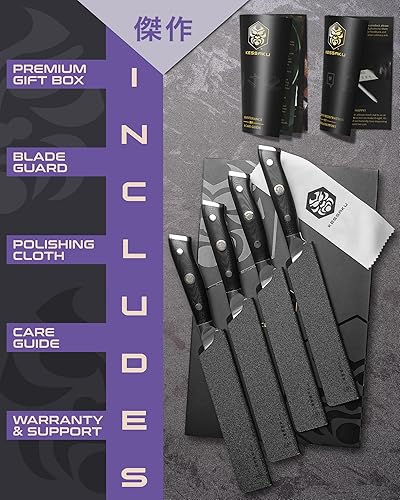 Miniatura 5 de KESSAKU Juego de 4 cuchillos para carne de 5 pulgadas, serie Dynasty, acero forjado ThyssenKrupp alemán HC - Mango G10 con protectores de hoja