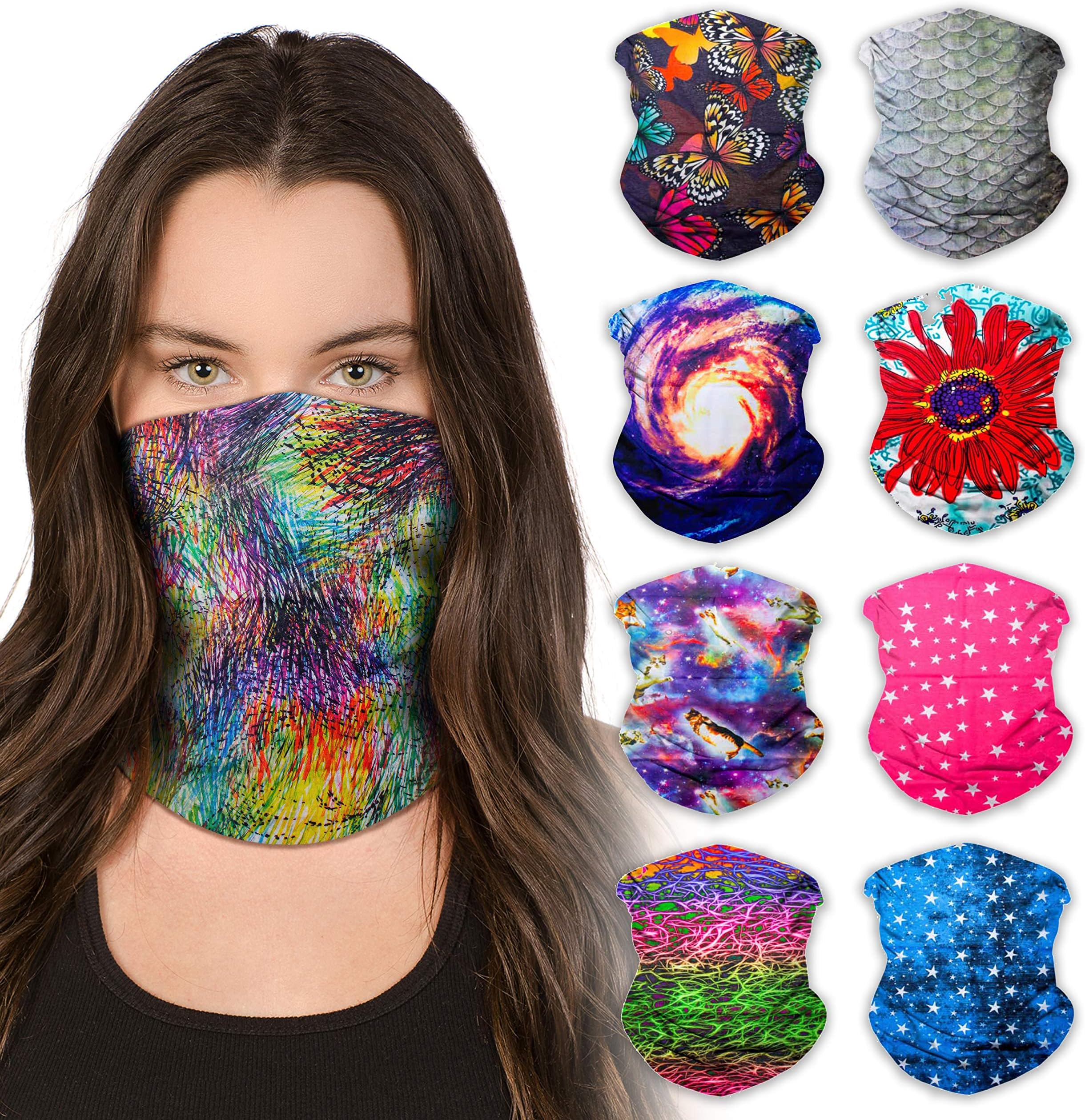 Sojourner Neck Gaiter, Bandana, Buff (9 Pack) - Face Cover for Men, Women, and Teens - Neck Warmer UV Sun Protection Gator