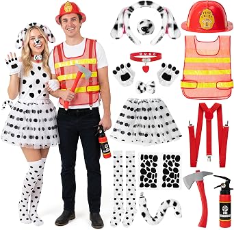 15 Pcs Halloween Dalmatian and Firefighter Couple Costume Set