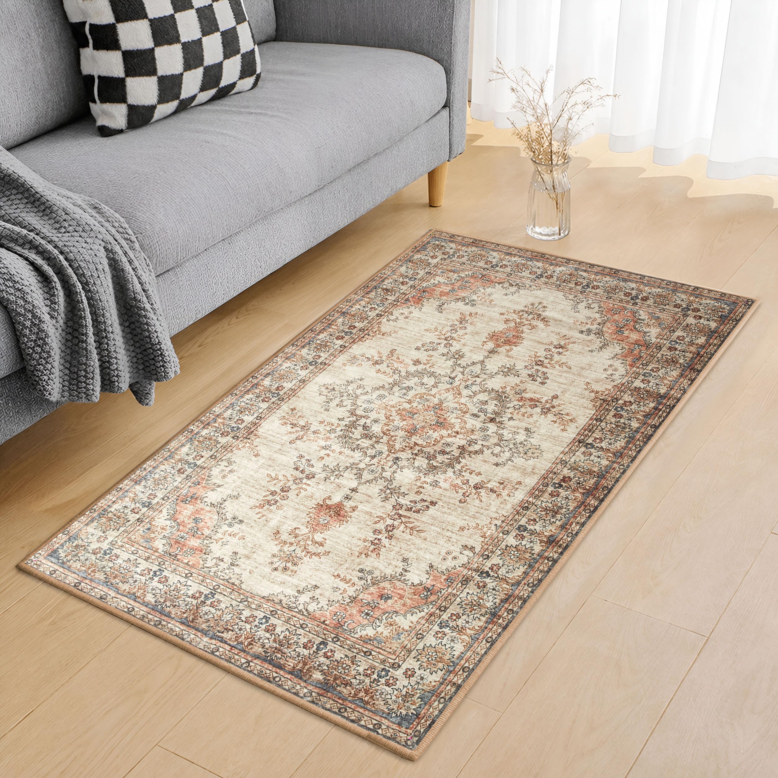Hafaa Washable Rugs Living Room Small 60x110 cm – Soft Short Pile Area Rugs For Bedroom, Kitchen Carpet Non Slip Bedside Rug Traditional Floral Design Vintage Boho Cashmere Rug, Timeless — image 1