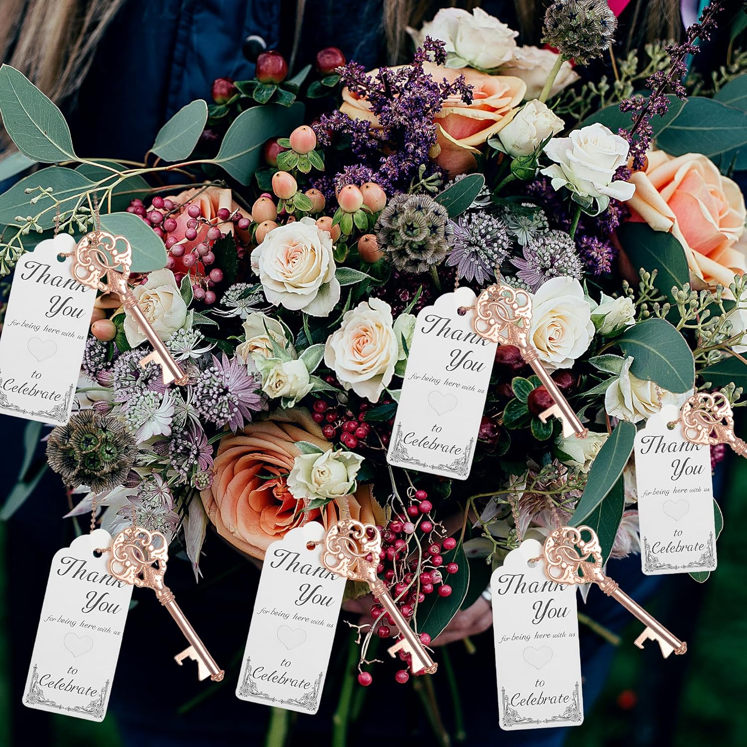 Bulk Wedding Favors Party Gifts: 52 Set Vintage Skeleton Key Bottle Openers,Wine Opener with Keychain and Thank You Tag Card for Bridal Shower,Birthday,Personalized Decorations,Table Decor (rose gold)