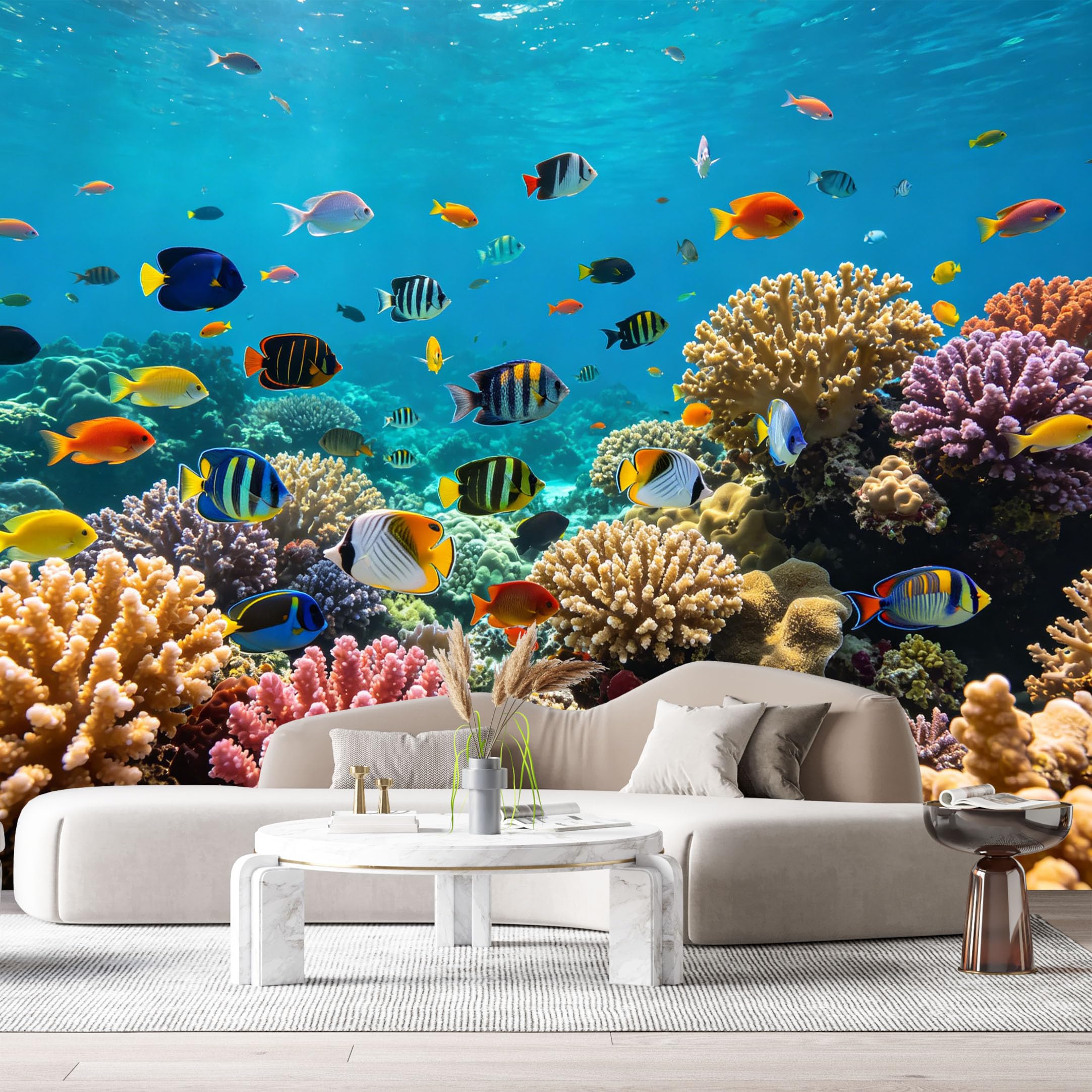 Custom Size Wall Murals Tropical Ocean Marine Coral Reef Exotic Fish Vibrant Underwater SelfAdhesiveWall Fabric Removable Wallpaper Wall Decor for Living Room Bedroom Bathroom