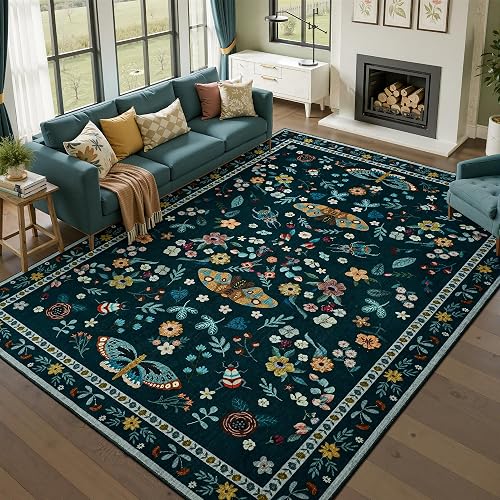 Foxmas Washable Area Rugs for Living Room, 6x9 Non-Slip Butterfly Floral Print T