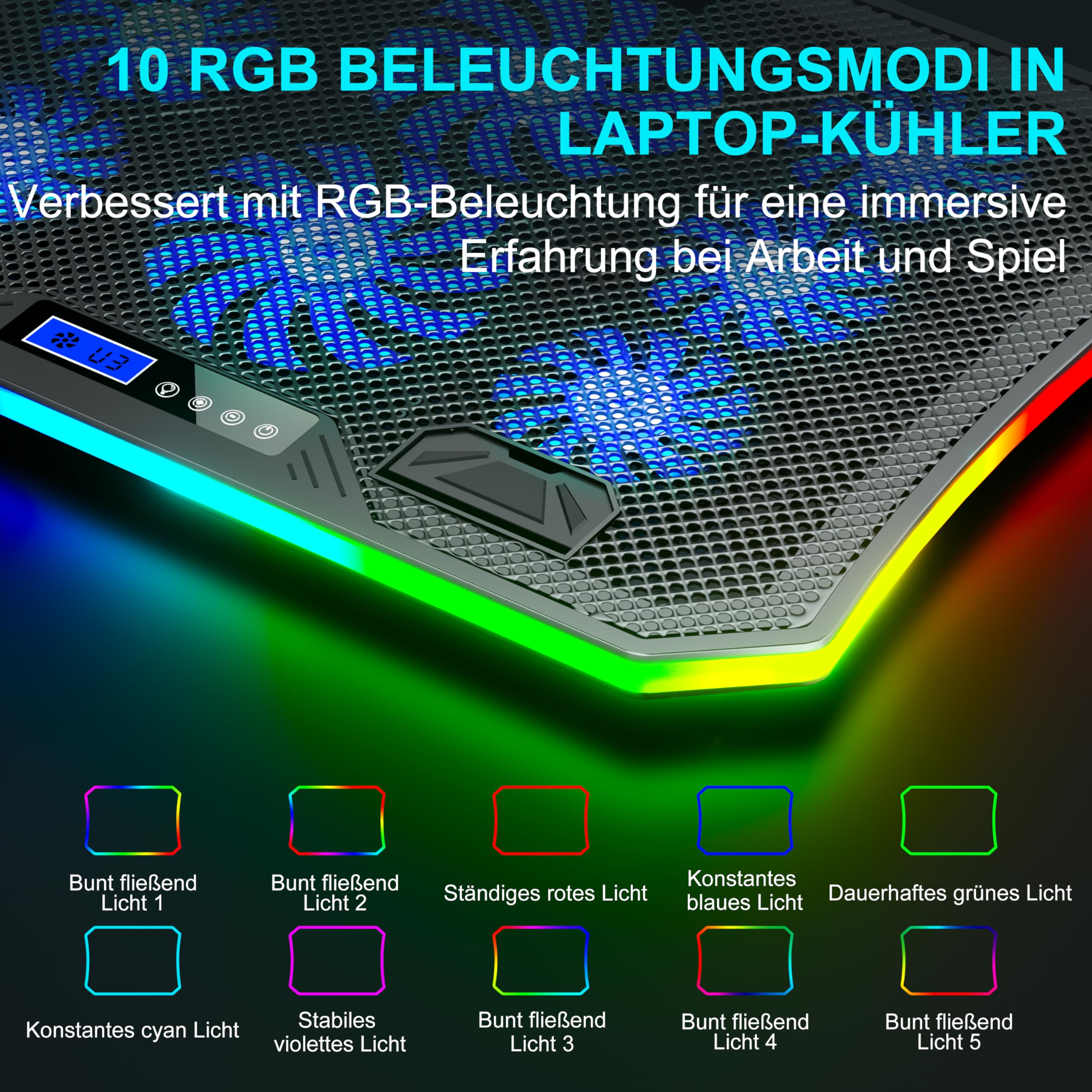 Laptop Kühler RGB Gaming Notebook Kühlpads für Schreibtisch und Schoß, MOOJAY Laptop Lüfter Ständer 8 Höhenverstellbar mit 8 Leisen Lüfter+Handyständer, für 15,6-17,3 Zoll Laptop - Blau LED Licht