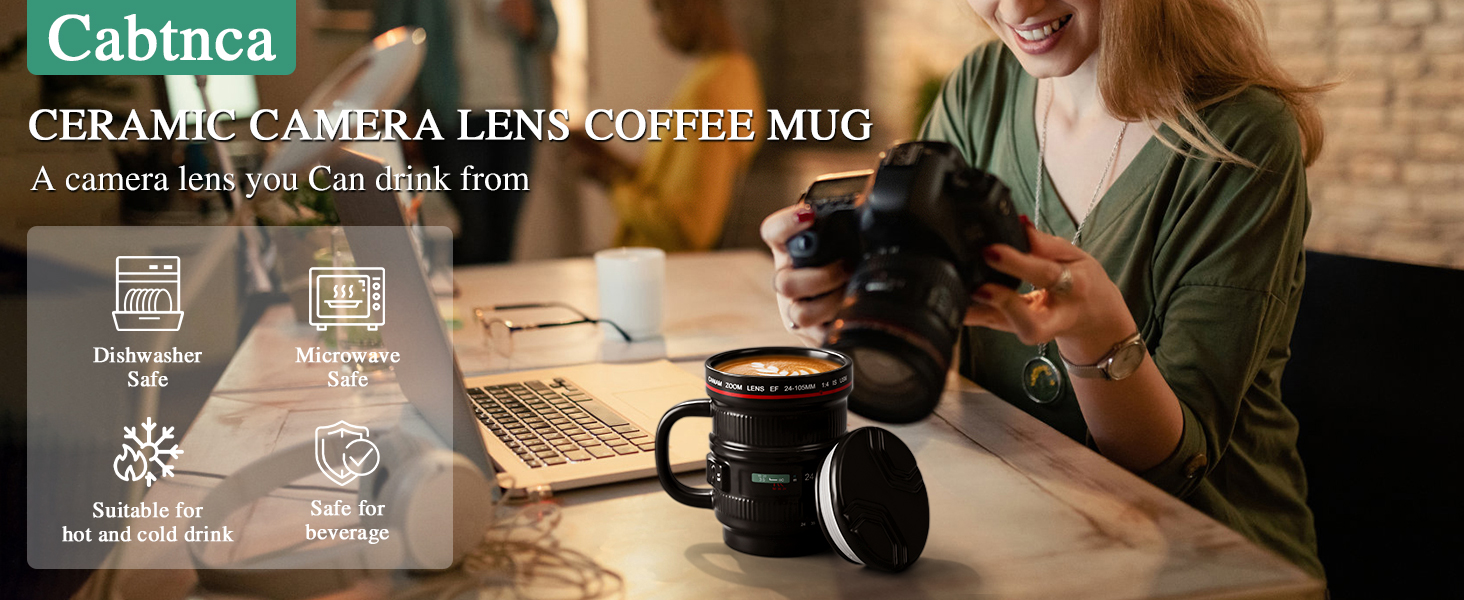 Cabtnca 16Oz Camera Lens Coffee Mug, Cool Photography Gifts for Photographers Christmas, Funny Ceramic Coffee Mug with Lid and Handle