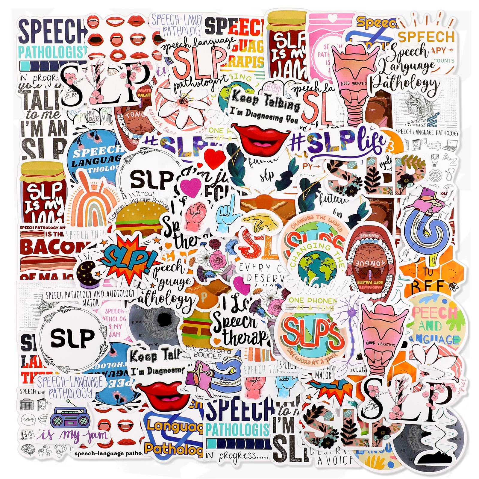 Sabary 100 Pcs SLP Stickers Speech Language Pathology Aesthetic Decals Stickers Vinyls Stickers Waterproof Laptop Decal for Teens Adults Luggage Skateboard Water Bottle Computer Refrigerator Guitar