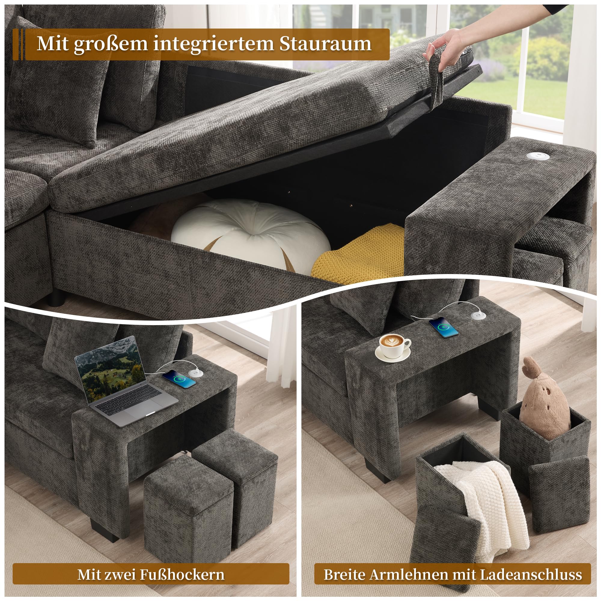 Divano angolare con funzione letto e vano portaoggetti, divano letto convertibile a forma di L, con ricarica USB e portabicchieri, ideale per soggiorno e home theater (grigio)