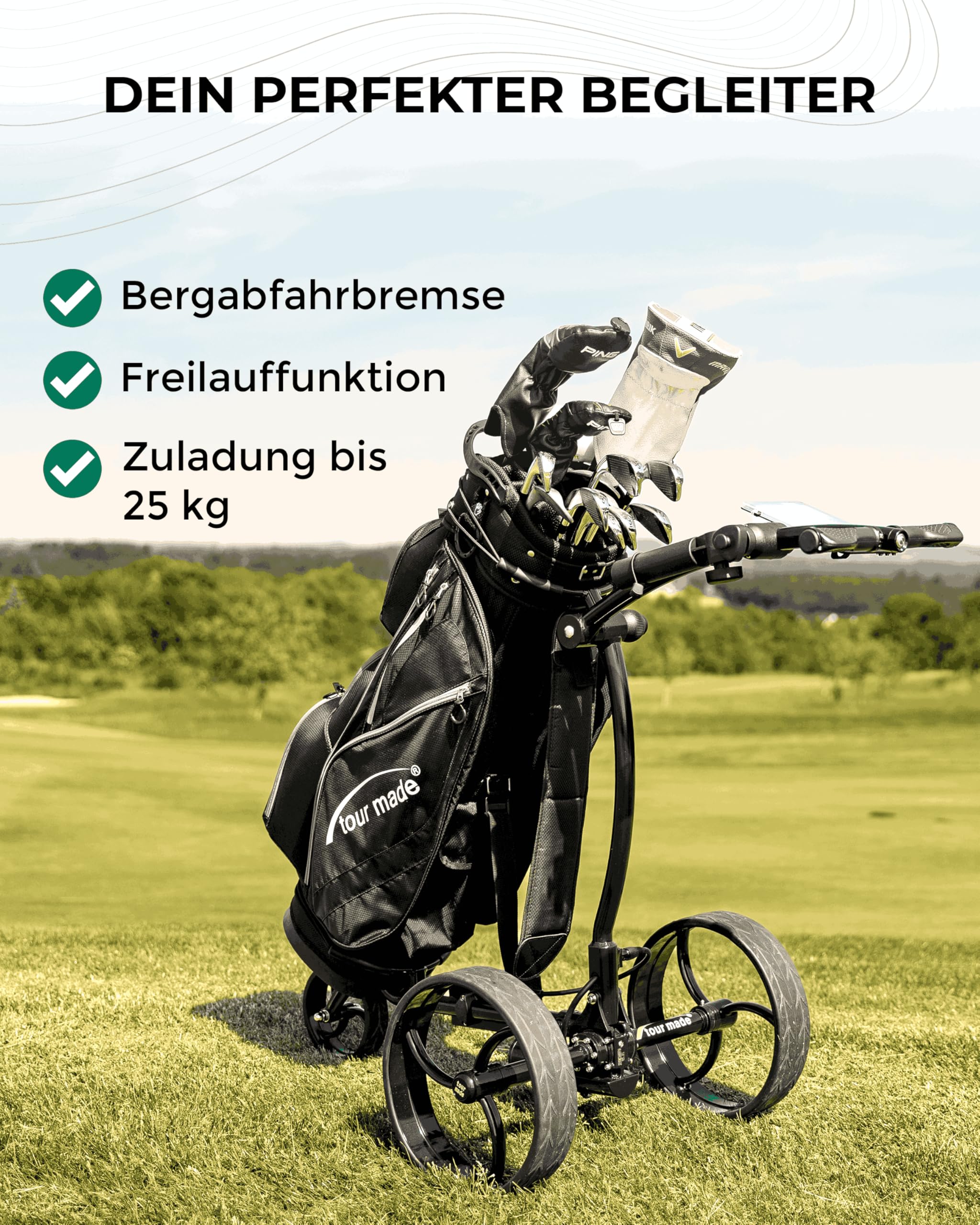 tour made RT-610S Golftrolley Elektrisch I Bergabfahrbremse I viel Zubehör | Lithiumakku 27-36 Loch I Premium Golf Trolley Elektro I robust & schnell verstaut I Deutsche Markenqualität