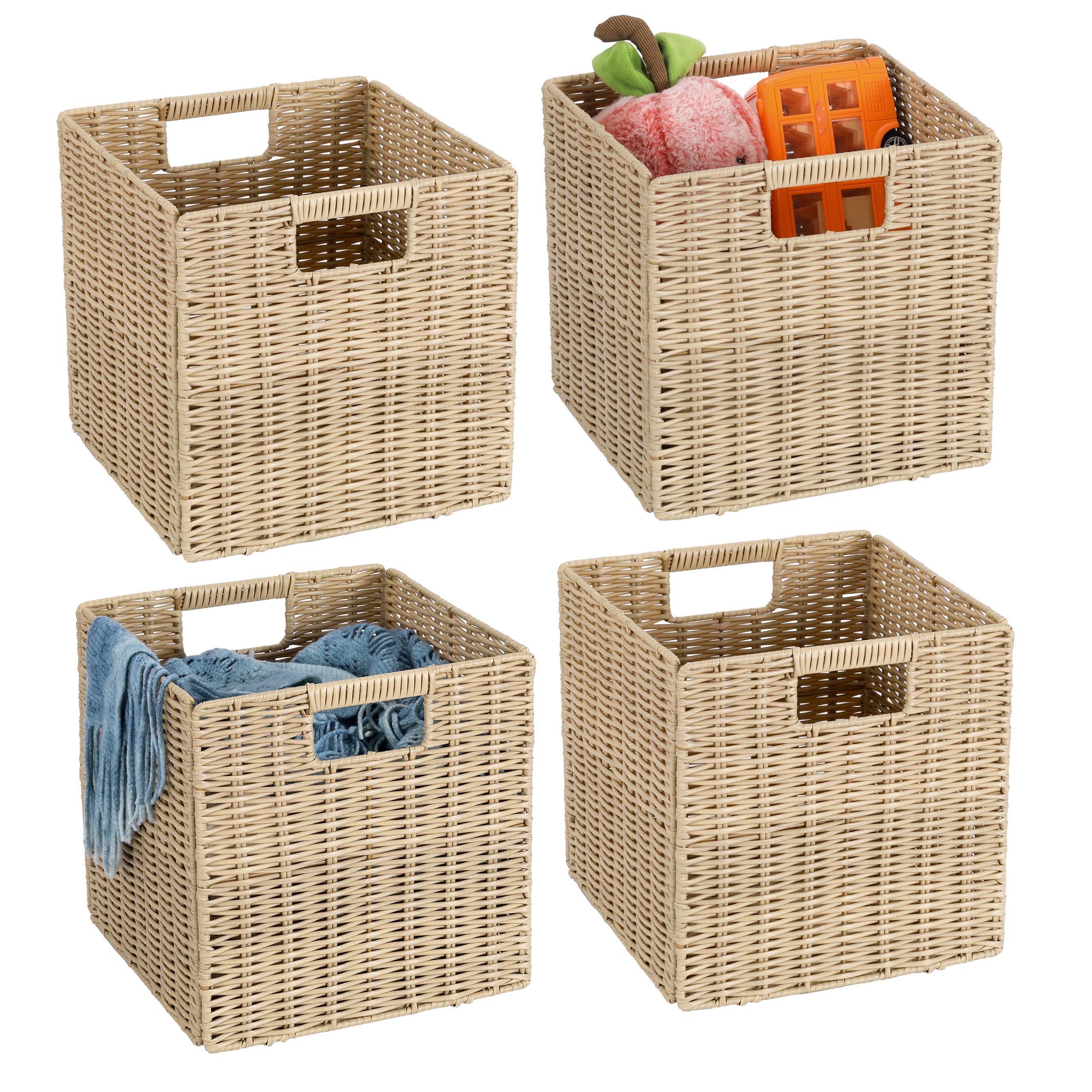 Photo 1 of 10.5 x 10.5 in Plastic Wicker Baskets for Cube Storage, Collapsible Square Wicker Storage Basket Set of 3, Rattan Storage Cube, Square Baskets for Shelves - lvory