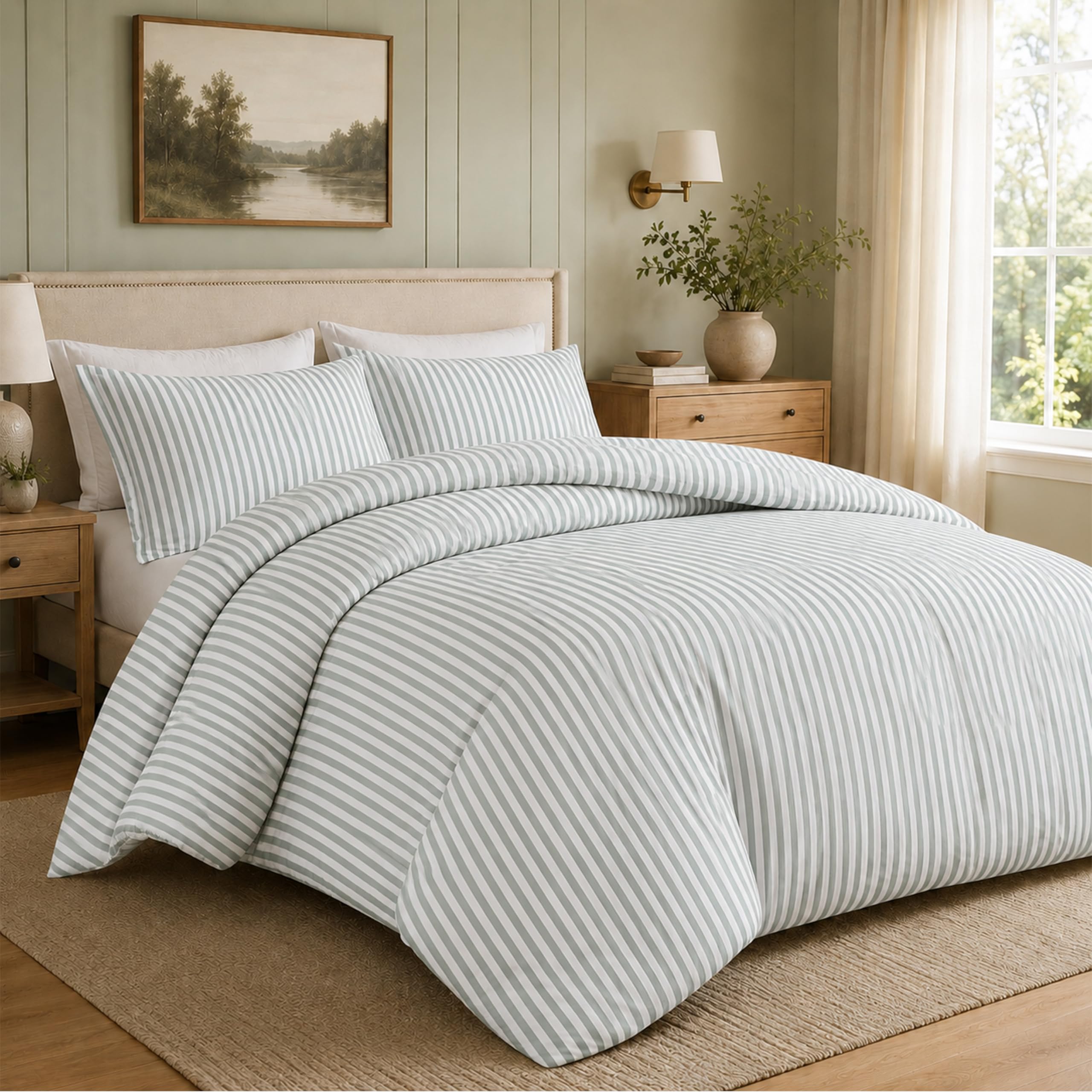 Olivia Rocco Grey Malham Stripe Double Duvet Cover Set Soft Microfibre Bedding Reversible Quilted Bed Sets With Pillowcases (, Double)