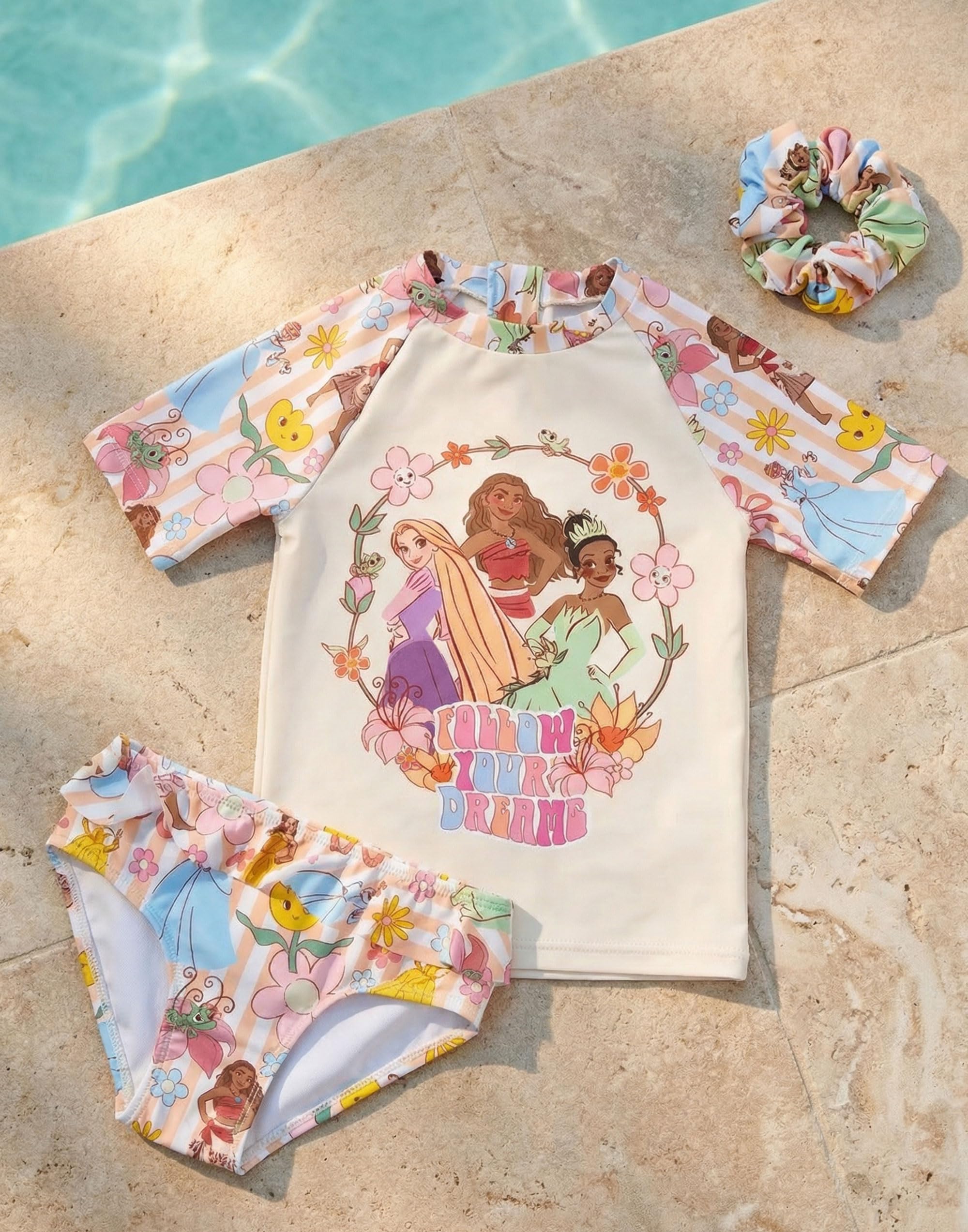 Disney Rapunzel, Vaiana und Tiana – Dreiteiliges Bikini-Set für Mädchen | Kurzarm-Rashguard mit Reißverschluss und Haargummi | Prinzessinnen-Strandmode | Strandoutfit für den Urlaub