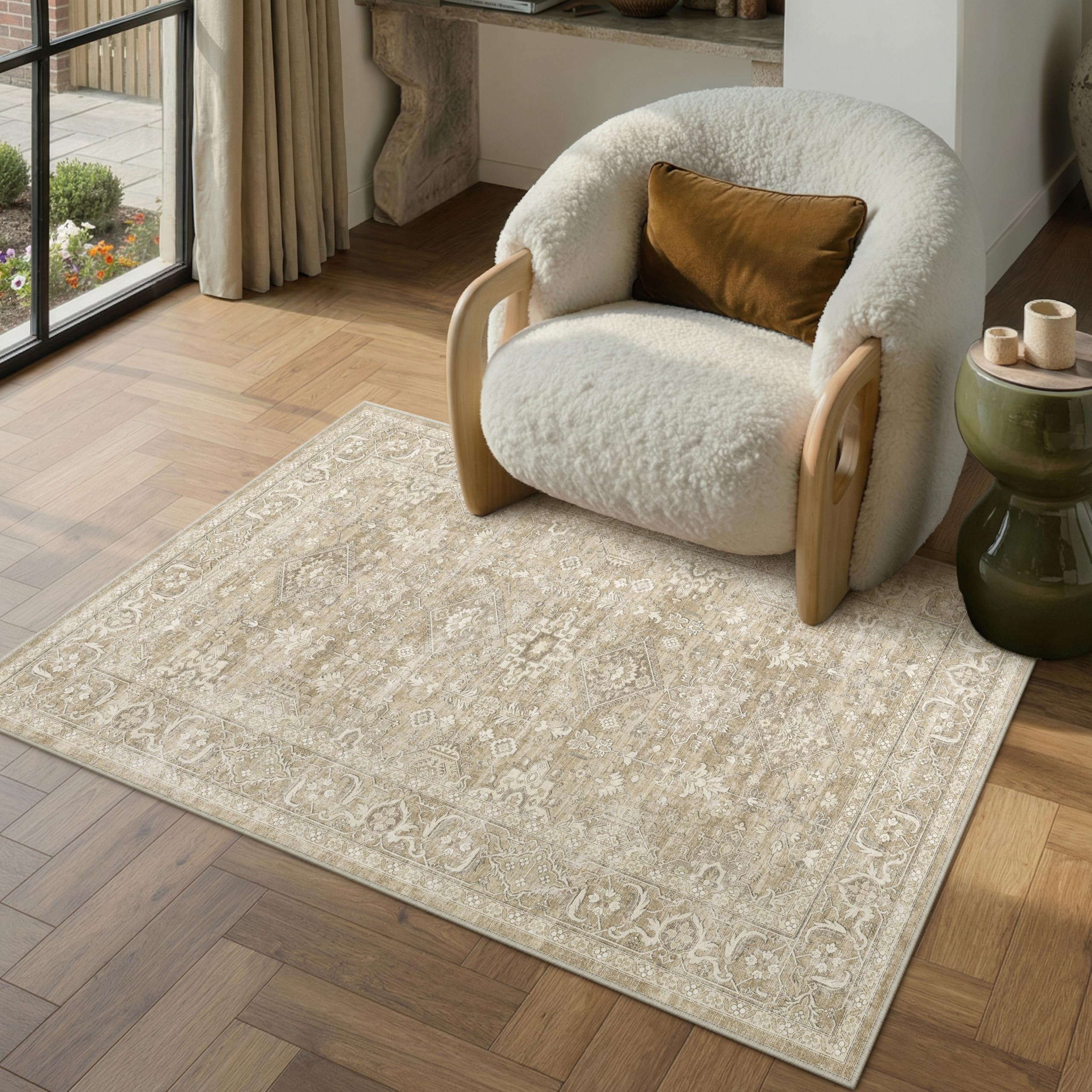 PureCozy Vintage Teppich Wohnzimmer 80x150cm Beige Schlafzimmer Wohnzimmerteppich Waschbarer Carpet Weich rutschfest Teppiche Esszimmer Büro Kurzflor Groß Tepich Carpets Rug