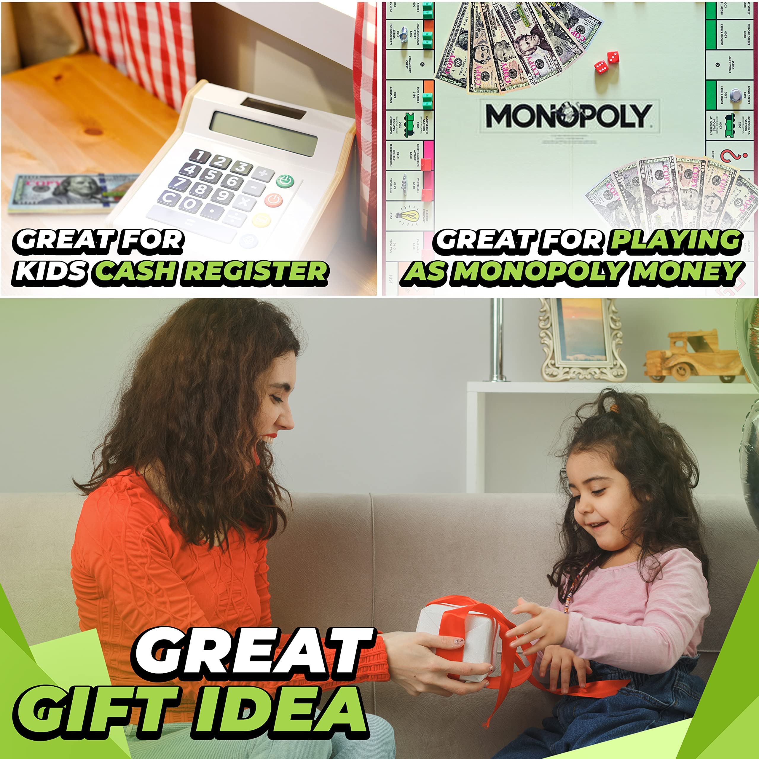 Toy Money for Kids That Looks Real. Double Sided 12 of Each. Play Money