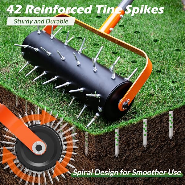 Walensee Rolling Lawn Aerator, Heavy Duty Manual Aerator Tool with 42 Spikes, Lawn Spike Aerator Roller with 71" Adjustable Handle, Soil Penetrator Push Lawn Aeration for Garden Yard Patio - 3