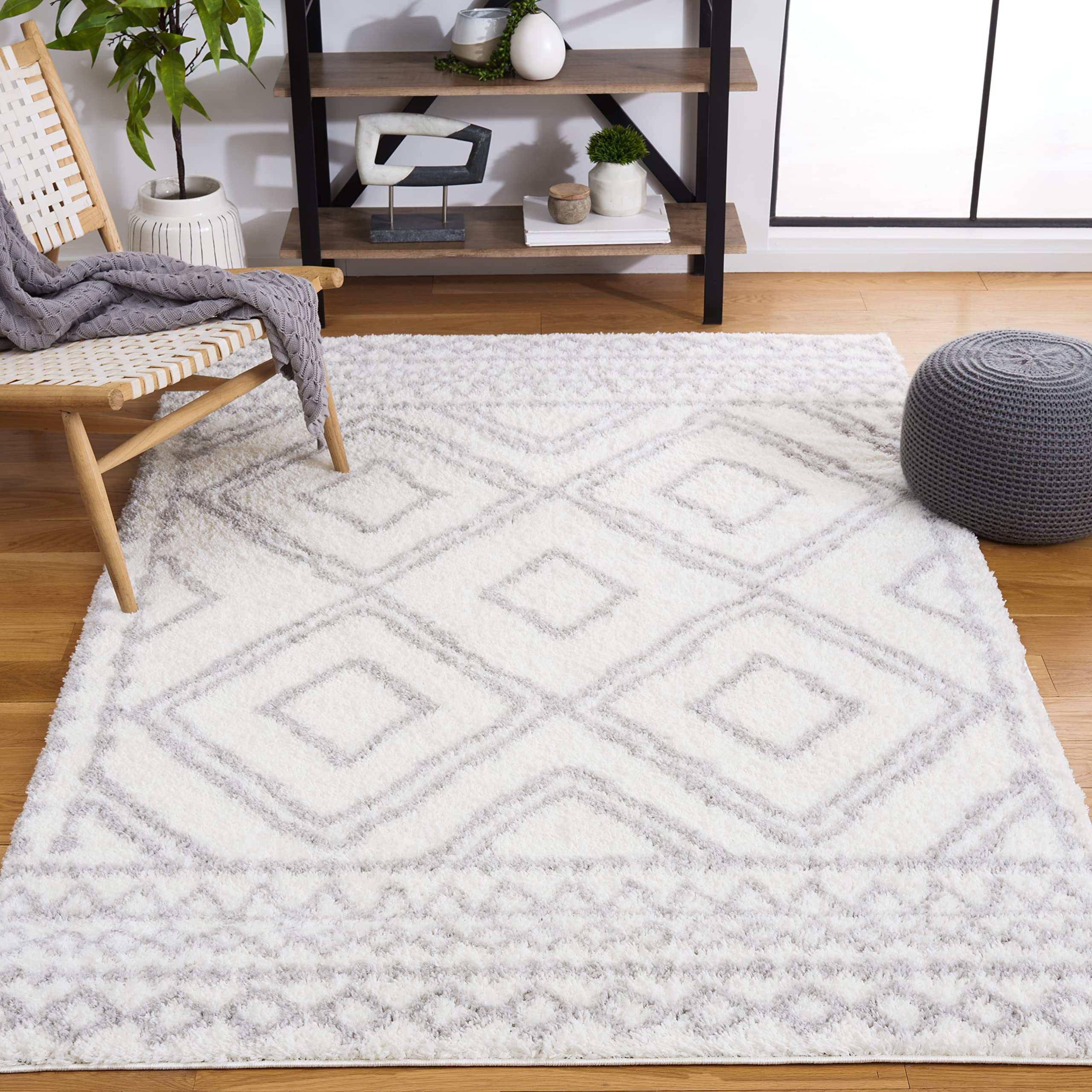 SAFAVIEH Area Rug 8x10 - Berber Shag Collection - Large - Ivory & Grey, Moroccan Design, Non-Shedding & Easy Cleaning, Plush Thick Pile, Ideal for