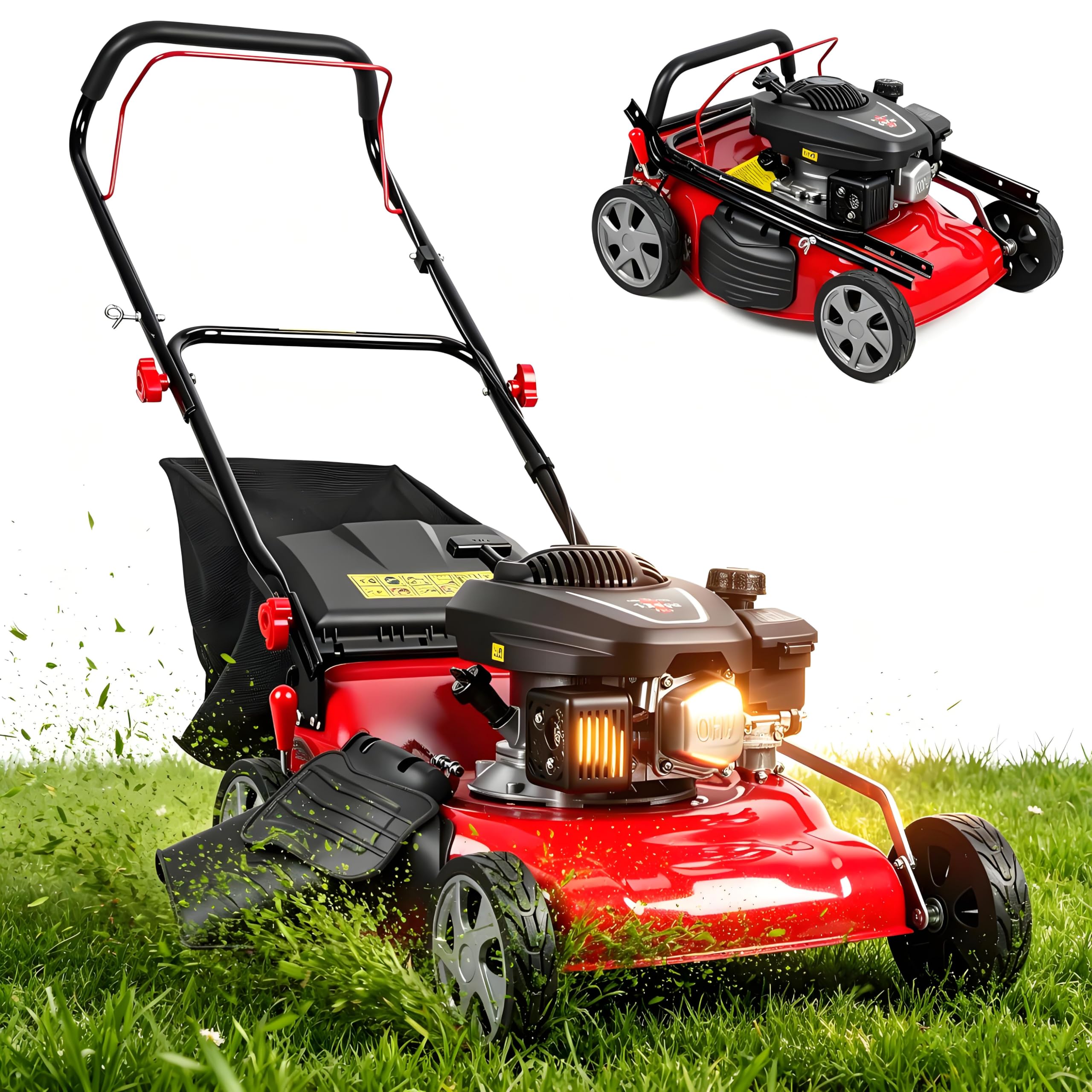 Cortacésped de gas autopropulsado plegable con motor de 4 tiempos de 131 cc, 3 en 1 (bolsa/mantillo/descarga trasera), 8 alturas de corte, cubierta de acero duradero, sistema de refrigeración