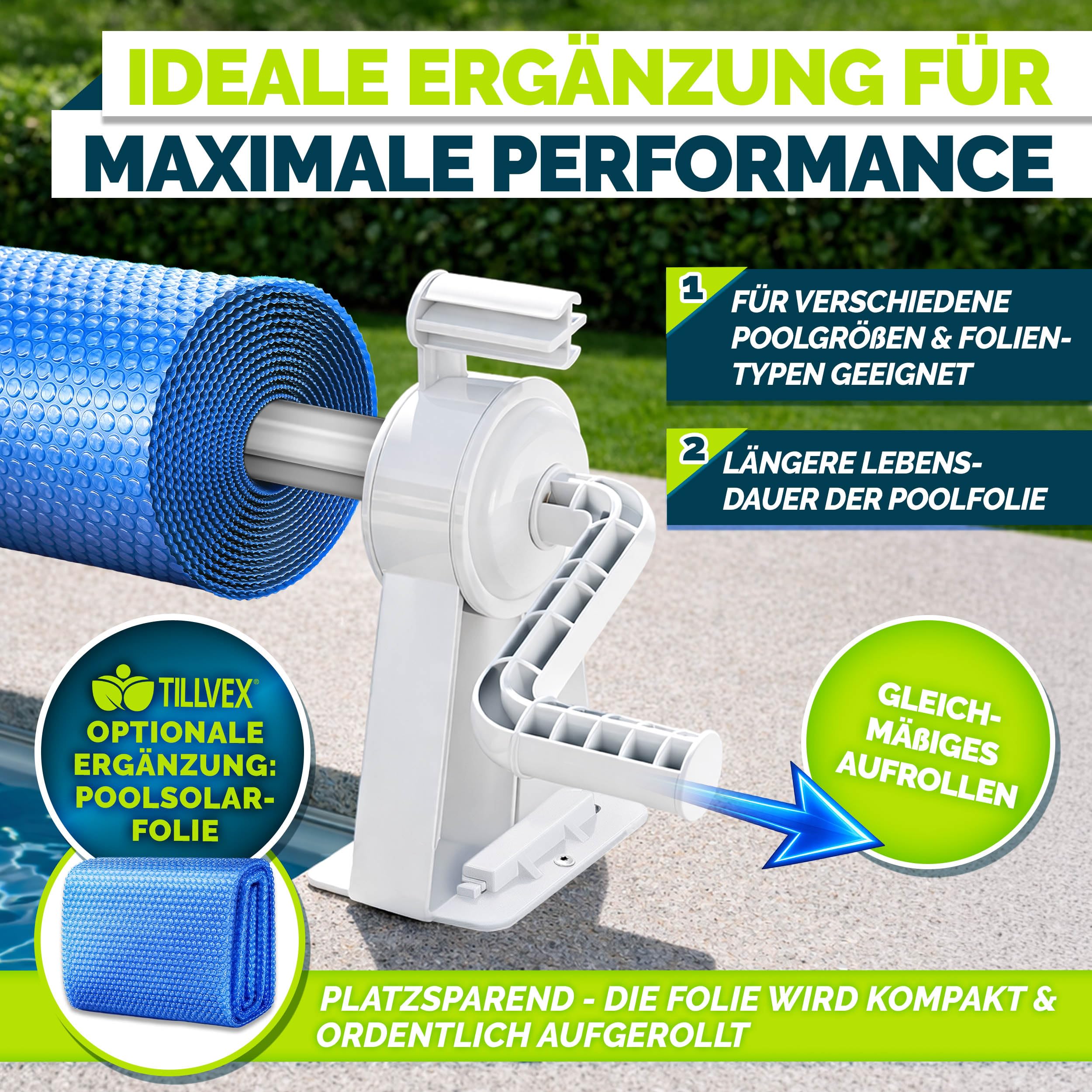 Tillvex Pool Aufroller Premium 1,05-6,15 m Aufrollsystem für Solarplane Mobile Aufrollvorrichtung witterungsbeständig