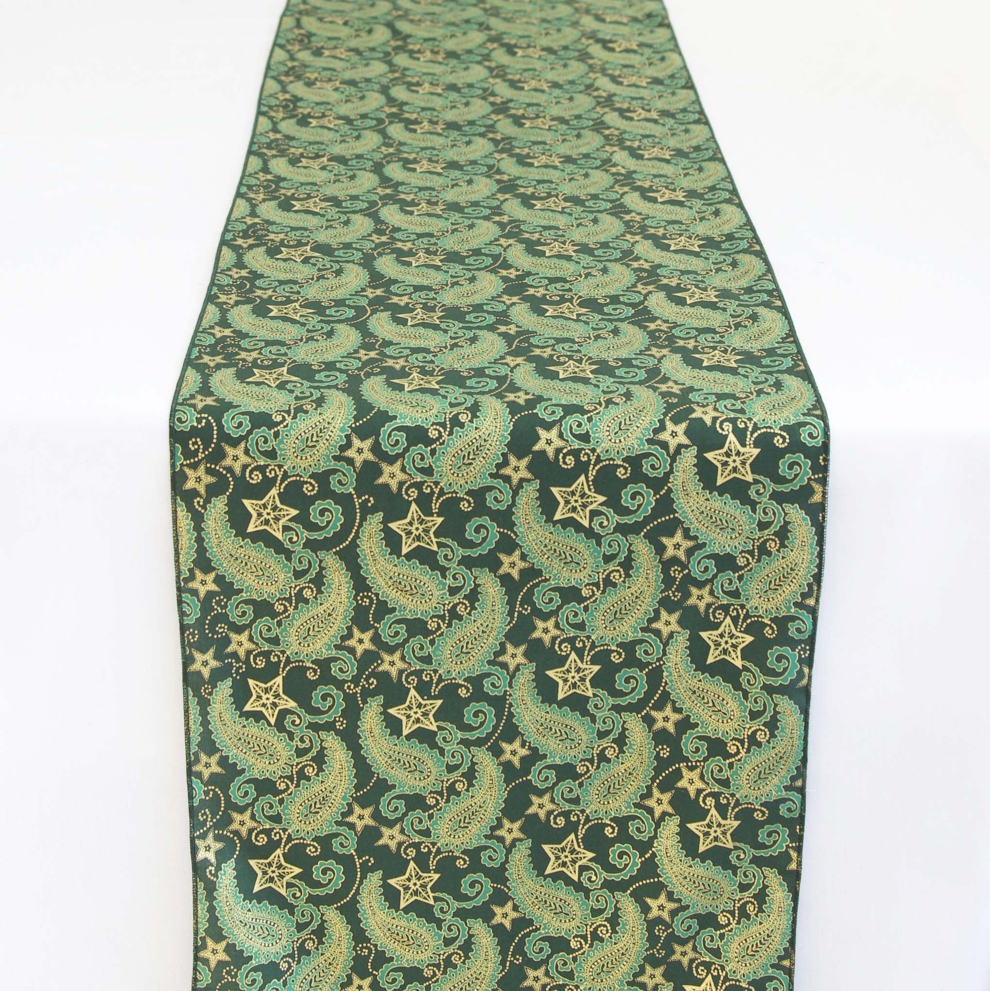 Christmas Table Runner - Perfect for Xmas Parties Event Decor Table Linen Cotton Fabric Tableware Holly Merry (Paisley Print Green/Gold)