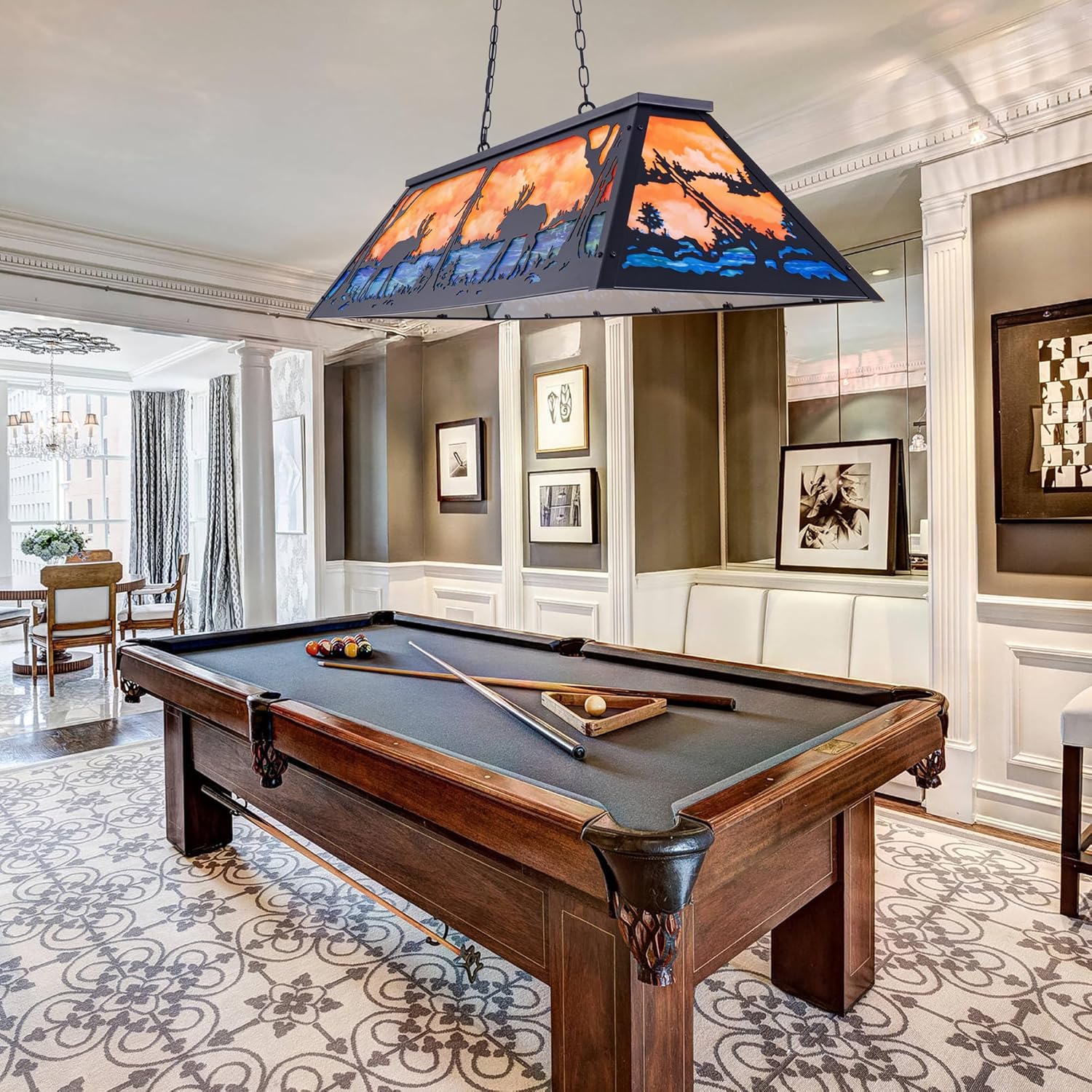 Wellmet Tiffany Pool Table Light 59 inch, 5 Lights Rustic Deer Chandelier for Kitchen Island, Cabin, Billiards Table Lamp, Farmhouse Chandelier for Country, Wild West Style